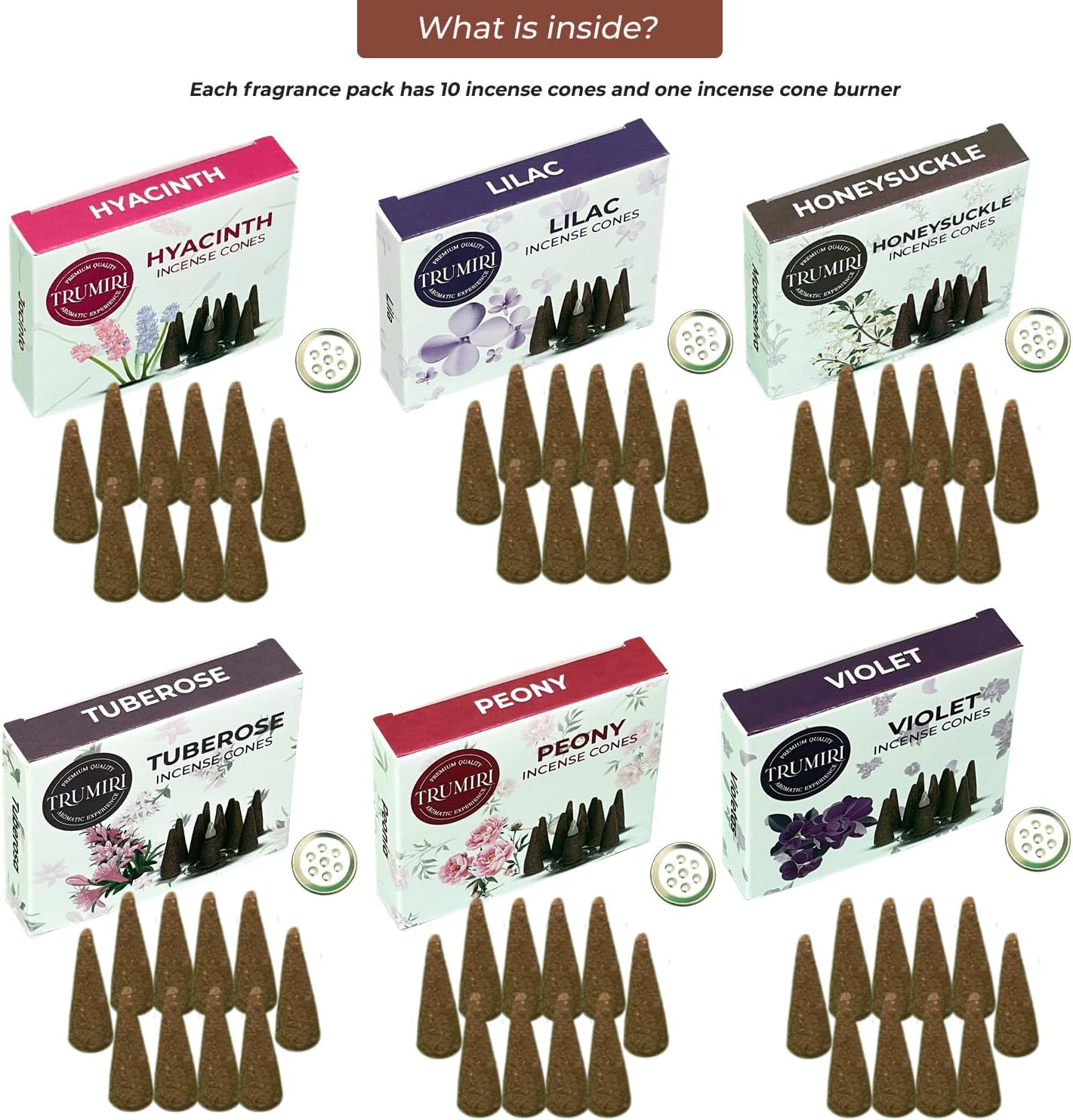 TRUMIRI Blossom Incense Cones - Variety Pack - Total 60 Cone Incense (6 Scents x 10 Conos) - Peony, Lilac, Violet, Honeysuckle, Hyacinth, Tuberose - Cone Incense Scents - Insense Cones - Incent Cone