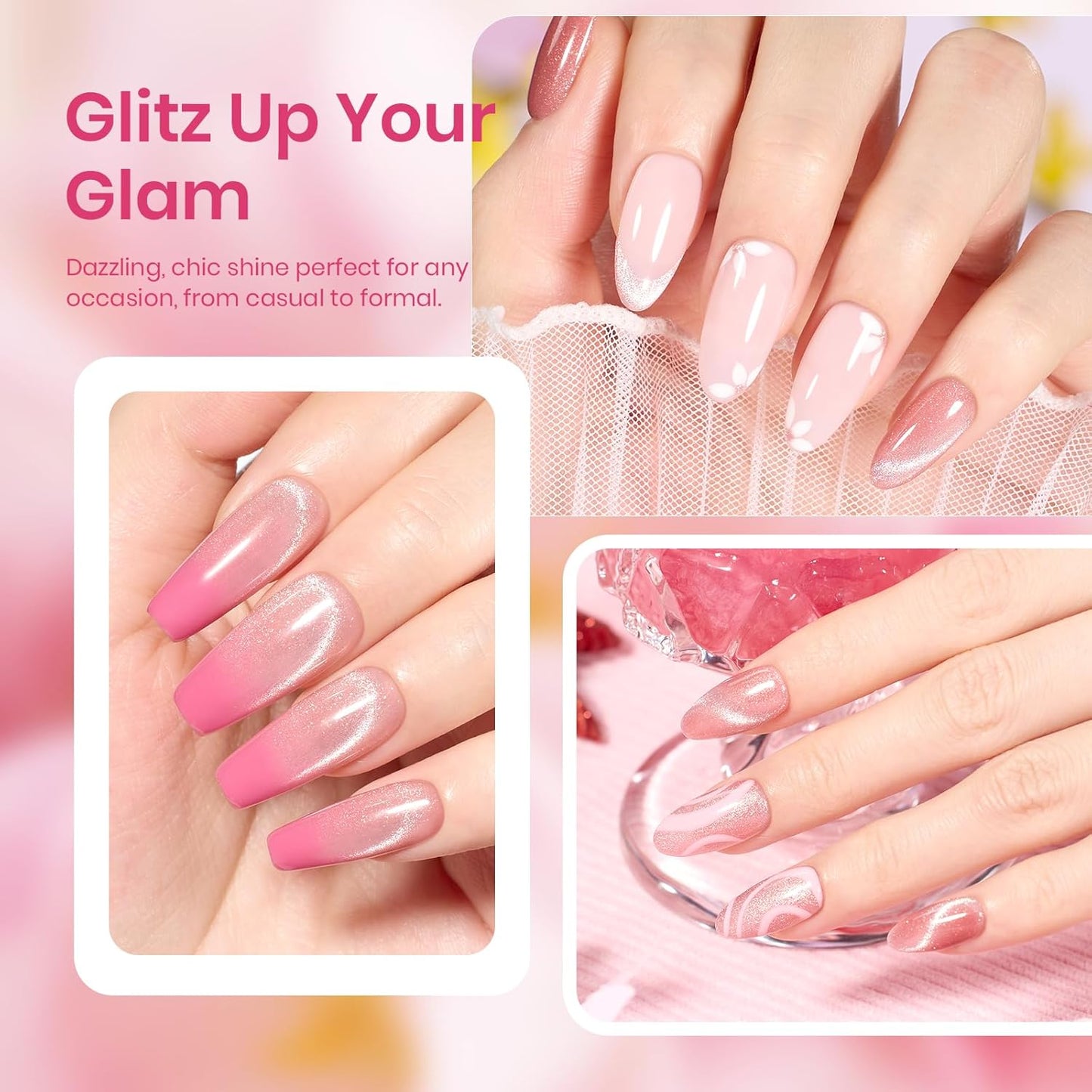 Beetles Pink Cat Eye Gel Nail Polish - 15ML Summer Light Pink Cat Eye Glitter Shimmer Gel Polish with Magnet Soak Off UV Soft Afternoon Collection Nail Art Design Manicure Gifts for Women