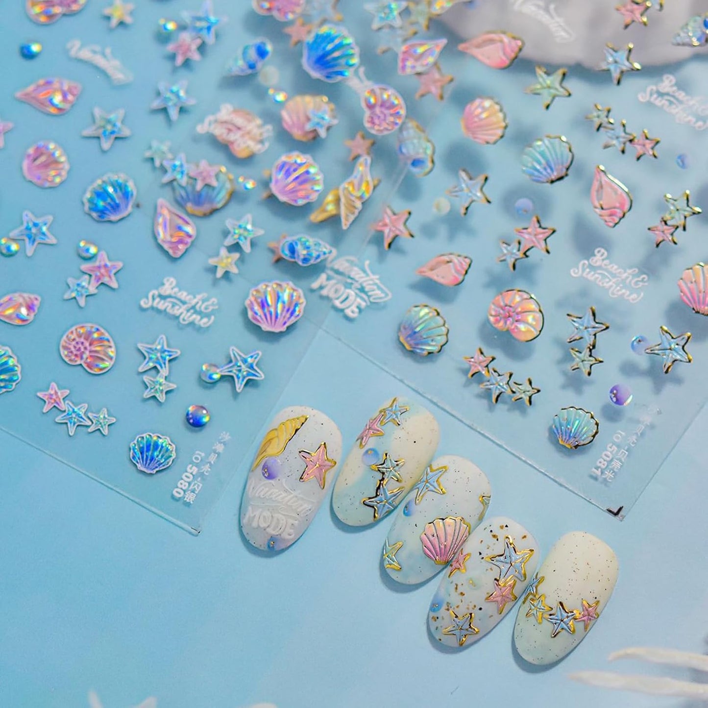 1 Sheet Starfish Nail Art Stickers Holographic Laser Summer Nail Stickers 5D Embossed Self-Adhesive Ocean Nail Decals Conch Seashell Beach Nails Design Nail Supplies for Women Acrylic Nail Decorations