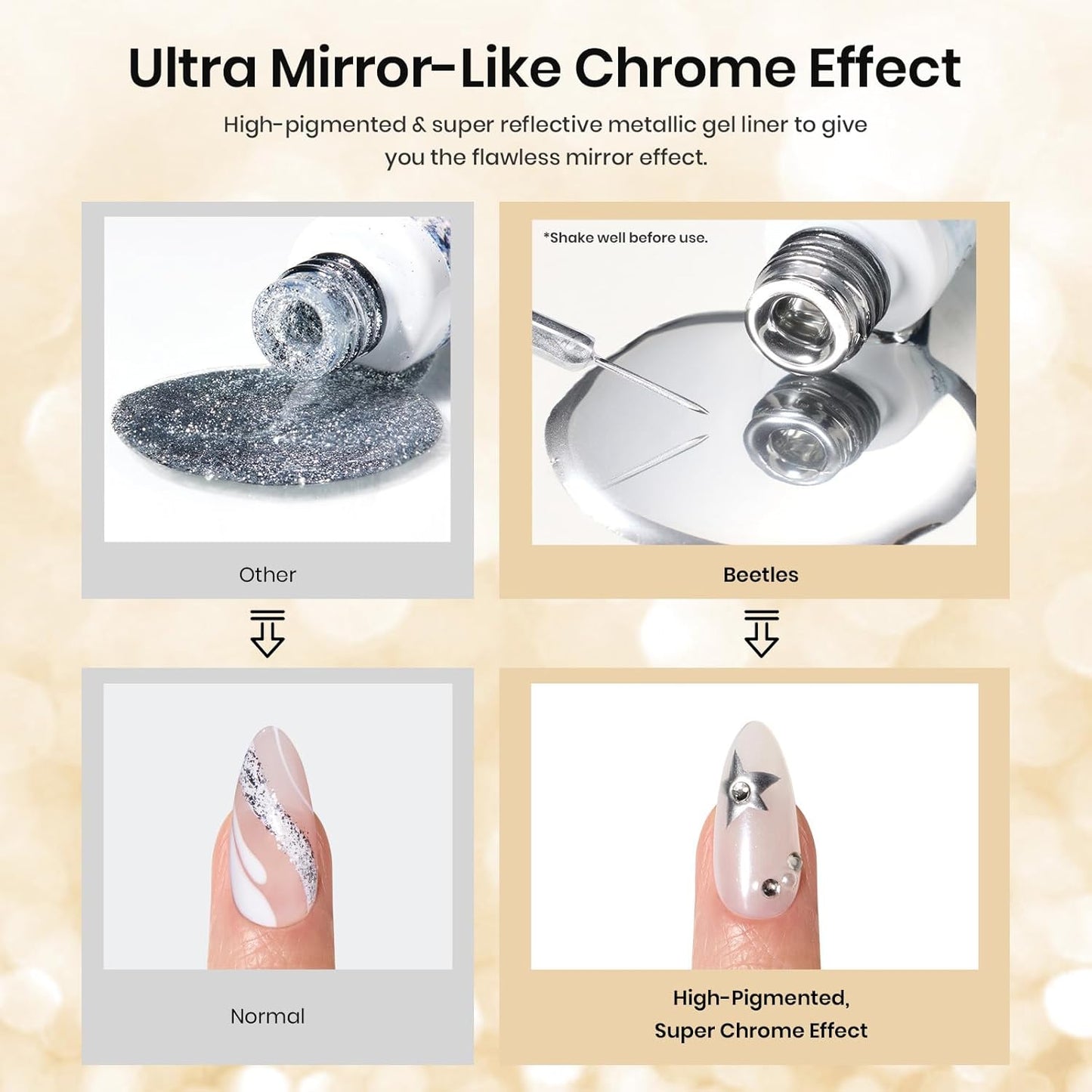 Beetles Gel Liner Nail Polish Set 10ml, 4 Pcs Nail Art Liner Gold Glitter Silver Black White Gel Polish Kit, 3D Mirror Gel Painted Glossy Swirl French Chrome Effect Nail Design Gift for Women