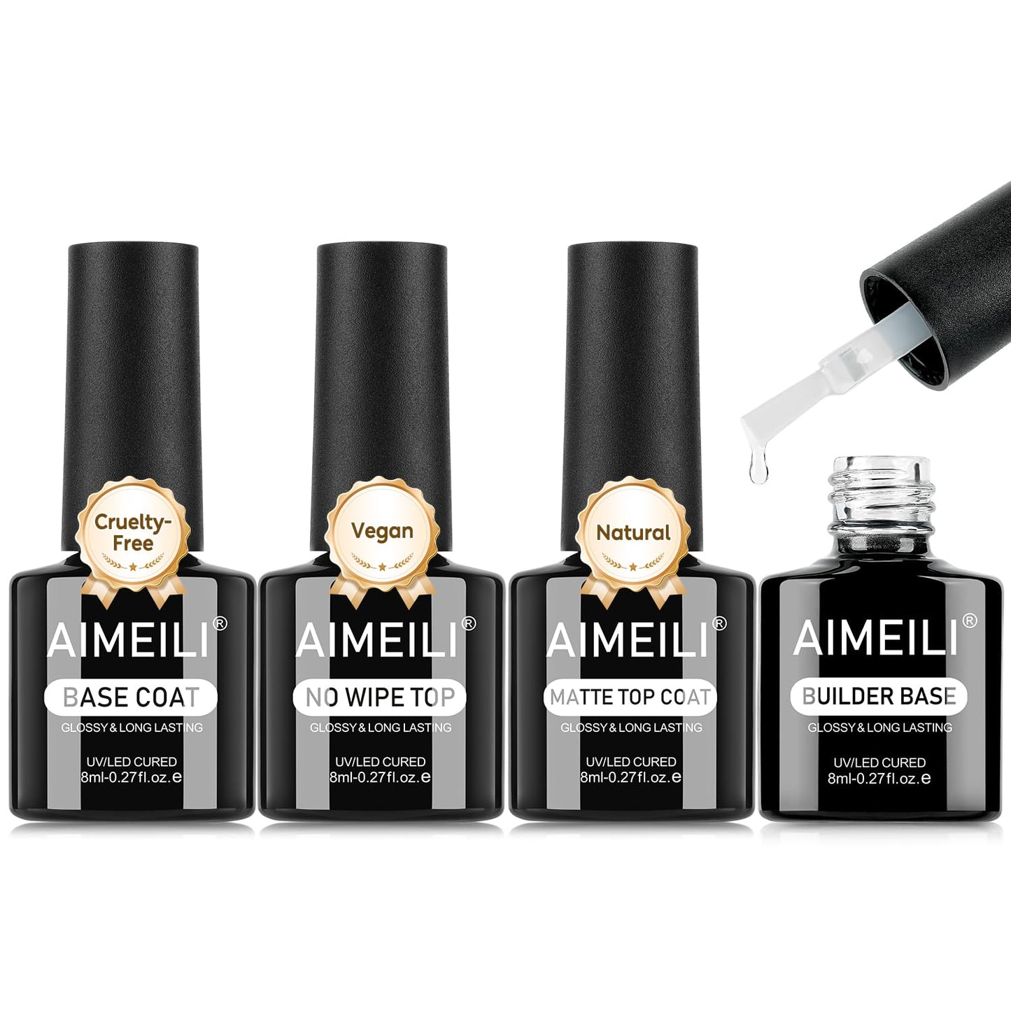AIMEILI Gel Nail Polish 4pcs, Hema Free, Cruelty Free, Vegan, Soak Off U V LED Nail Art - Base Coat, No Wipe Top Coat, Matte Top, Builder Nail Gel