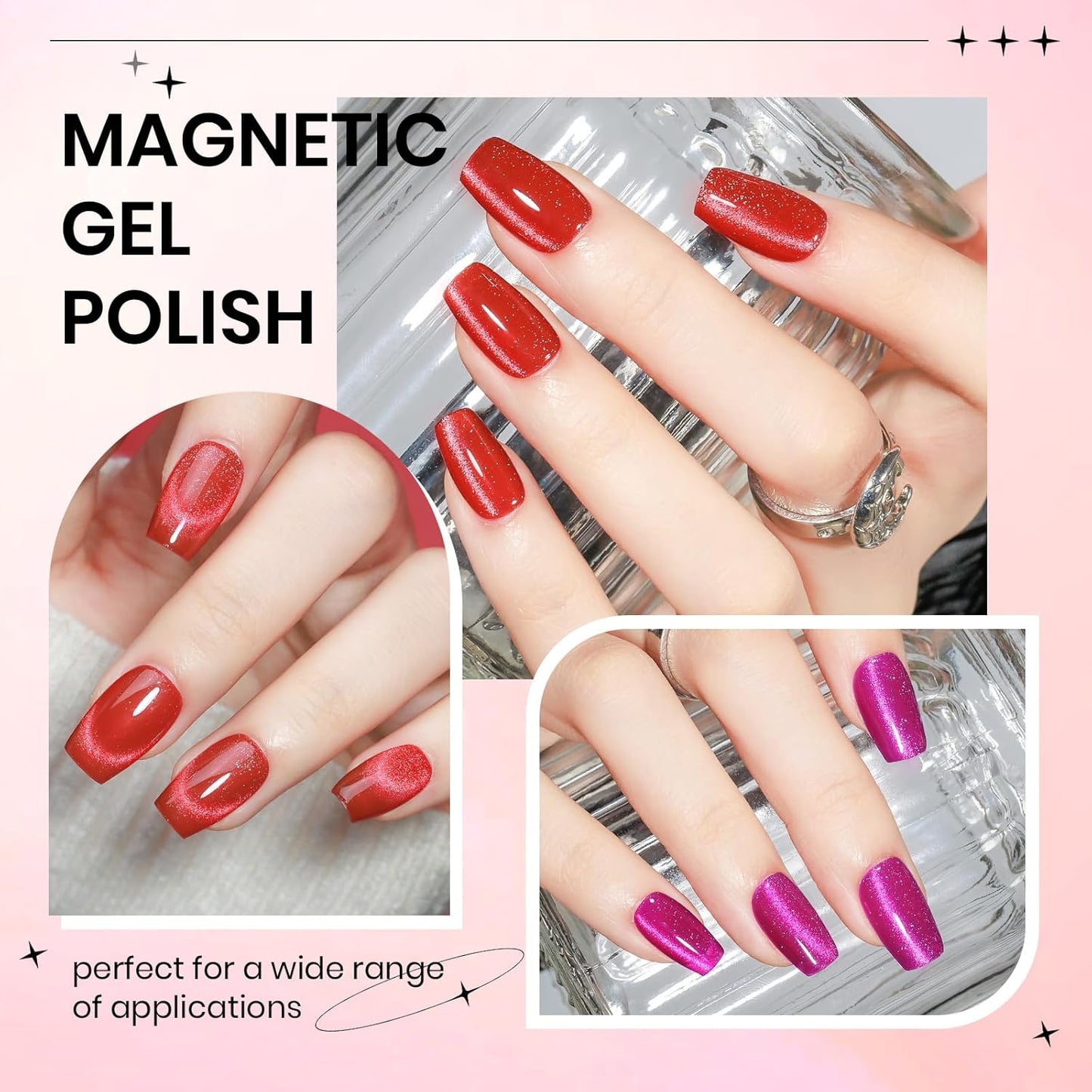 2PCS 15ML Cat Magnetic Eye Gel Nail Polish, Red Hot Pink Cateye Gel Nail Polish Holographic Glitter Shimmer Effect with Magnetic Stick Soak Off Salon DIY at Home