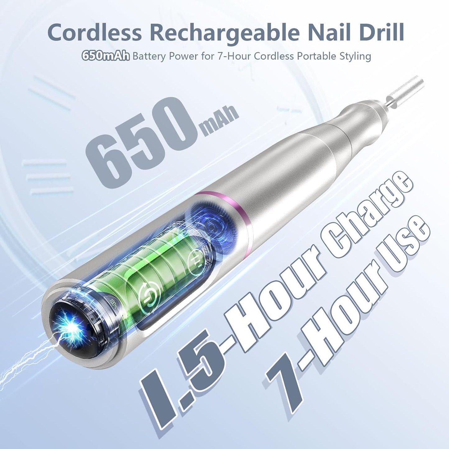 Cordless Nail Drill Electric Rechargeable File Kit, Professional Efile Acrylic Gel Nail Polish Remover Pedicure Manicure Machine Portable Set with 11 Bits 56 Sanding Bands for Salon (Silver)