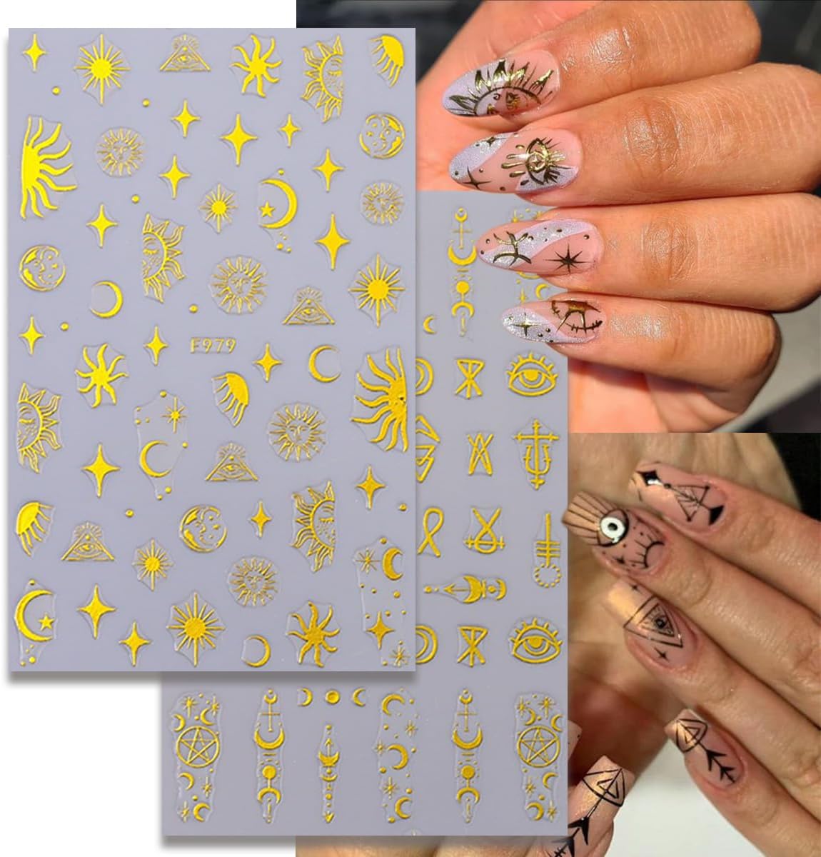8 Sheets Metallic Sun Star Moon Nail Art Stickers 3D Self-Adhesive Gold Decals Sun God Asterisk Snake Eyes Design for Women Acrylic Nails DIY Decoration Supplies