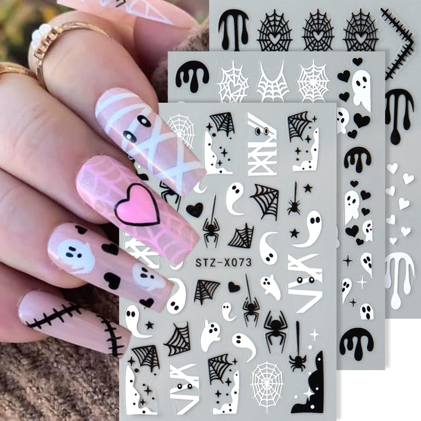 8 Sheets Halloween Nail Decals Black White Ghost Spider Web Nails Sticker Cute Pumpkin Skull Nail Art Decal Self-Adhesive Bat Blood Drop Nails Art Stickers for Women Halloween Decor