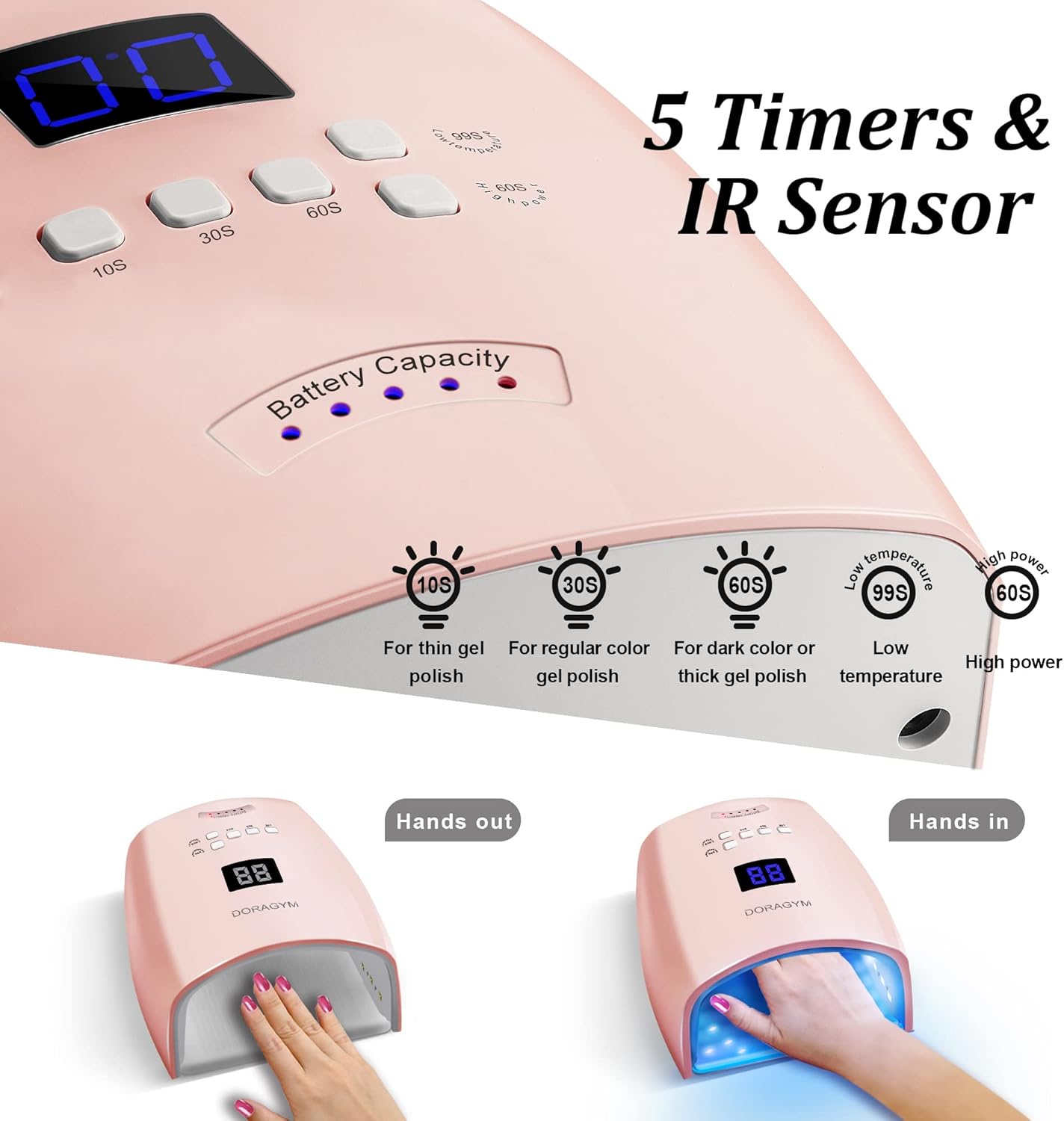 UV LED Nail Lamp, Cordless Gel Polish Dryer for Professional Gel Manicures - Pink
