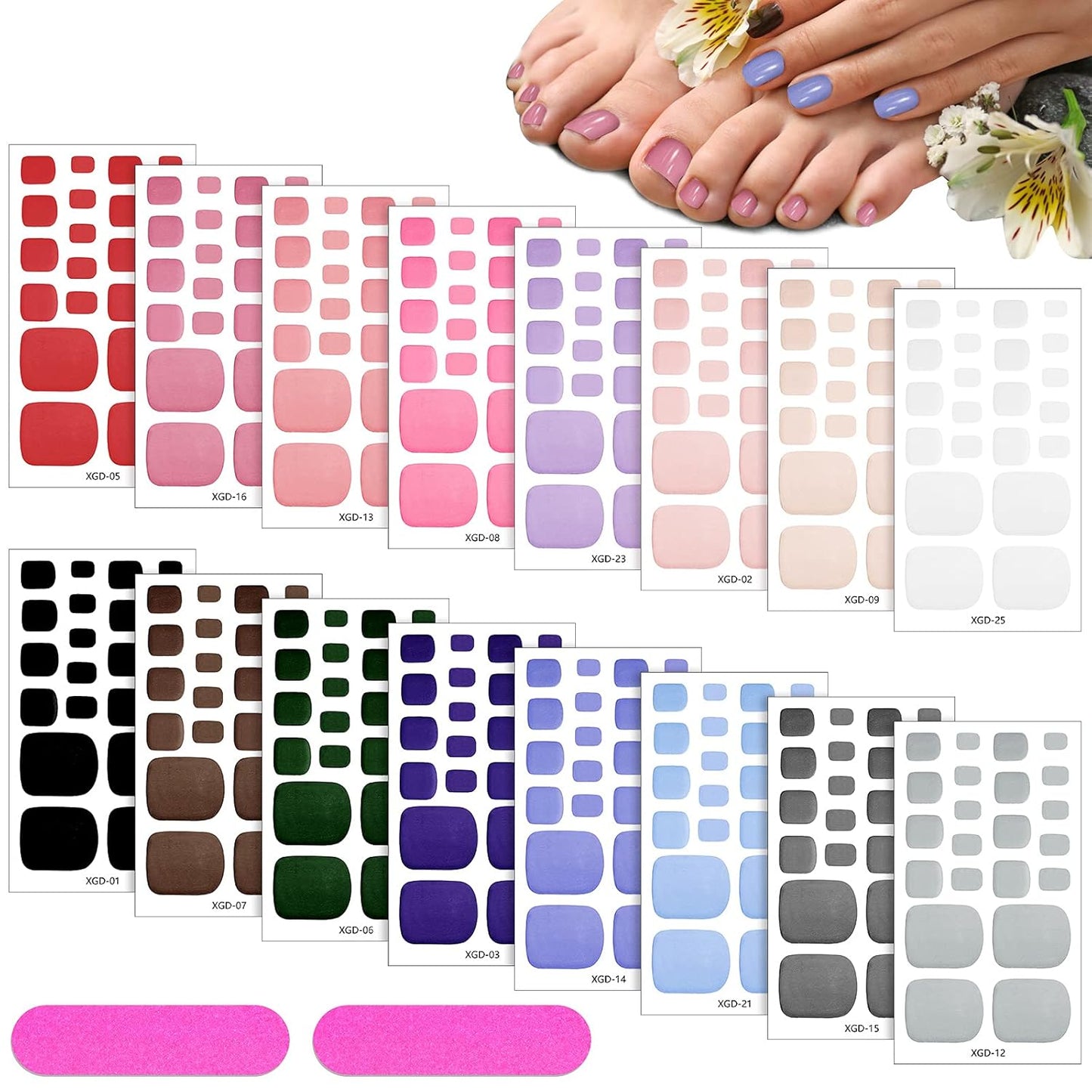 Maitys 352 Pieces 16 Sheets Toenail Polish Stickers Strips Adhesive Toe Nail Wraps Full Wraps Polish Strips DIY Manicure Decal with 2 Pieces Nail Files(Chic Color)