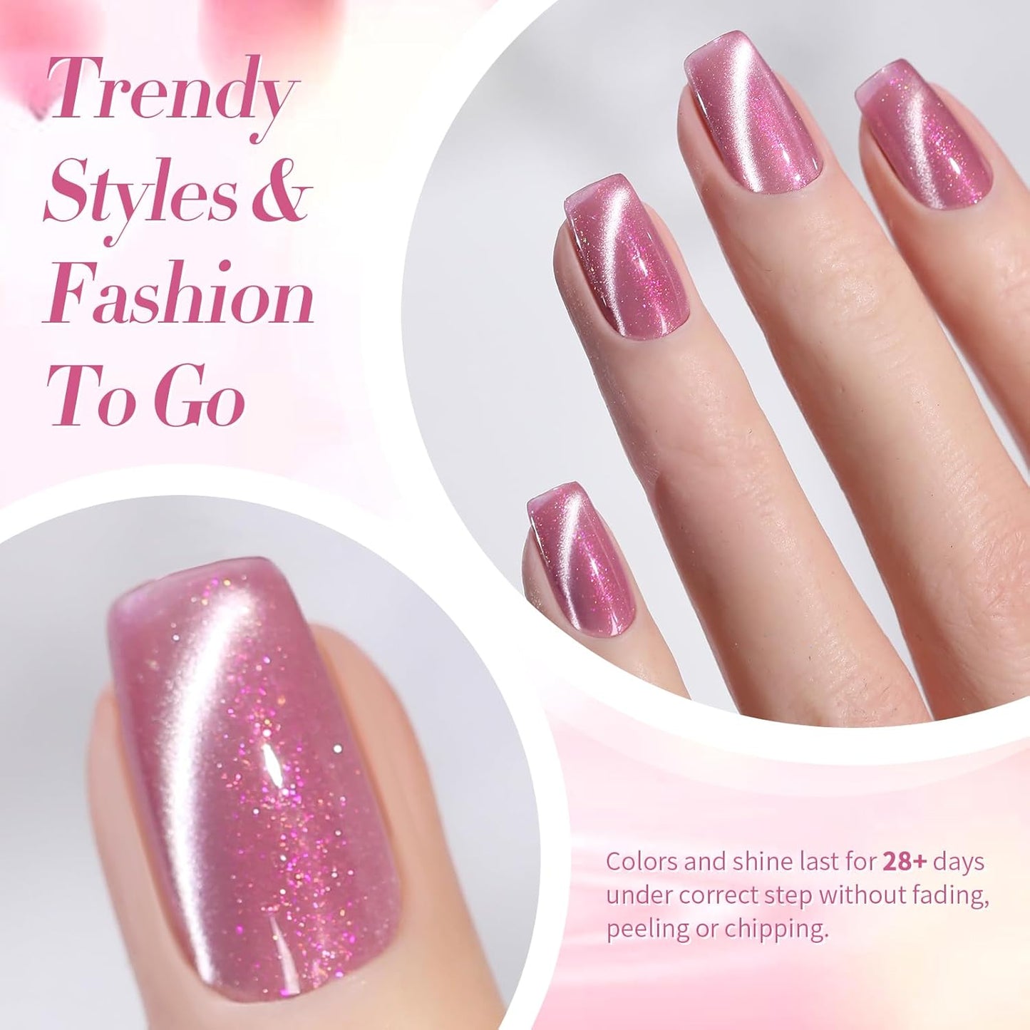 BORN PRETTY Cat Magnetic Eye Gel Nail Polish, Pink Glitter Cat Magnetic Gel Nail Polish, Midnight Rose Magnetic Nail Polish for Nail Art Manicure Salon DIY at Home 15ML