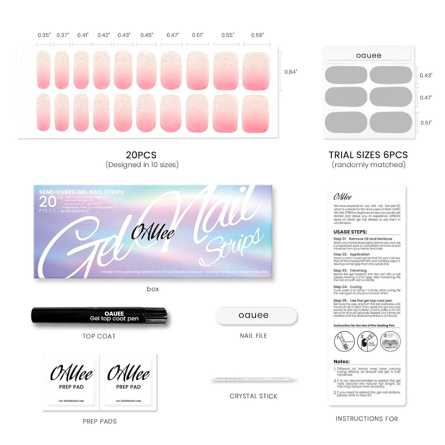 Semi Cured Gel Nail Strips | Built-In Gel Top Coat | UV Light Required | Salon Quality, Easy Application And Removal (Pink Shimmer Ombre)