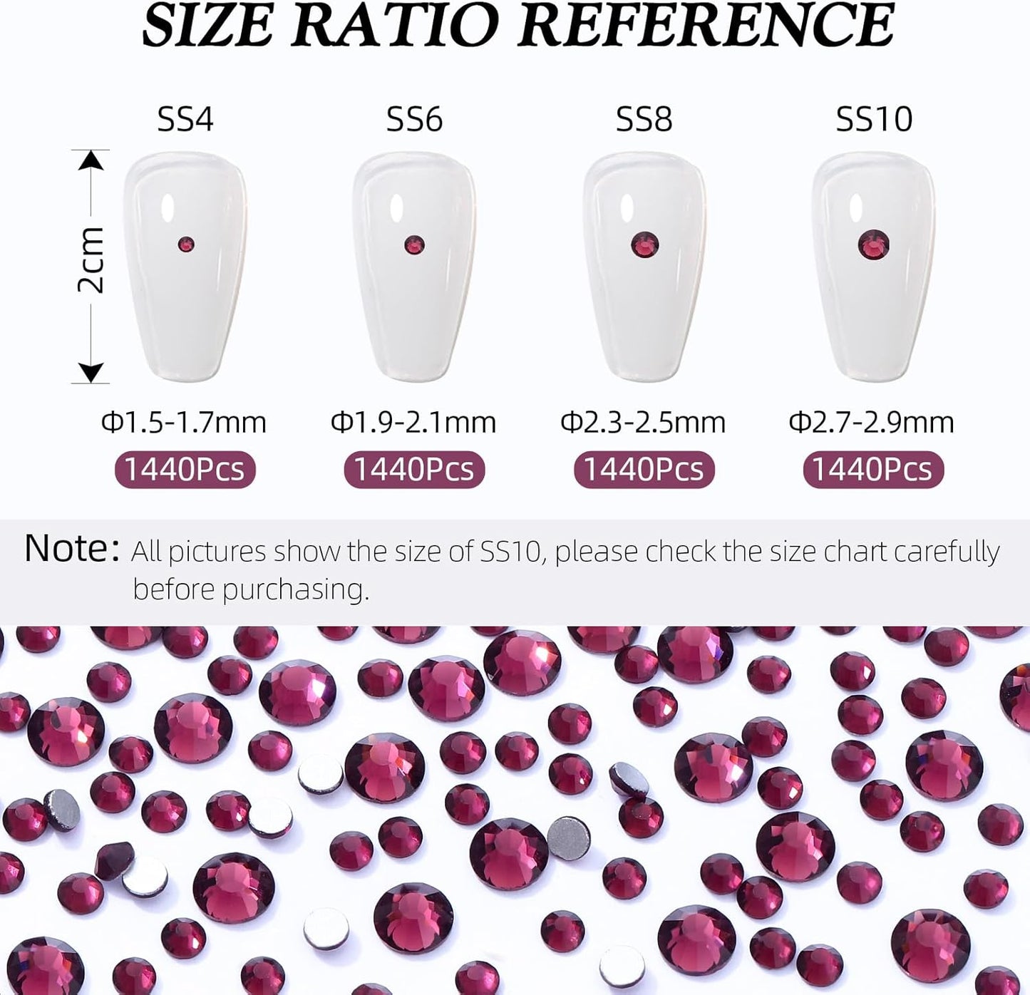 Purple Flatback Rhinestones, Glass Rhinestones for Nail Art and Craft, Glue Fix, Loose Crystal Gemstones(Purple, SS10, 1440pcs, 2.7-2.8mm)