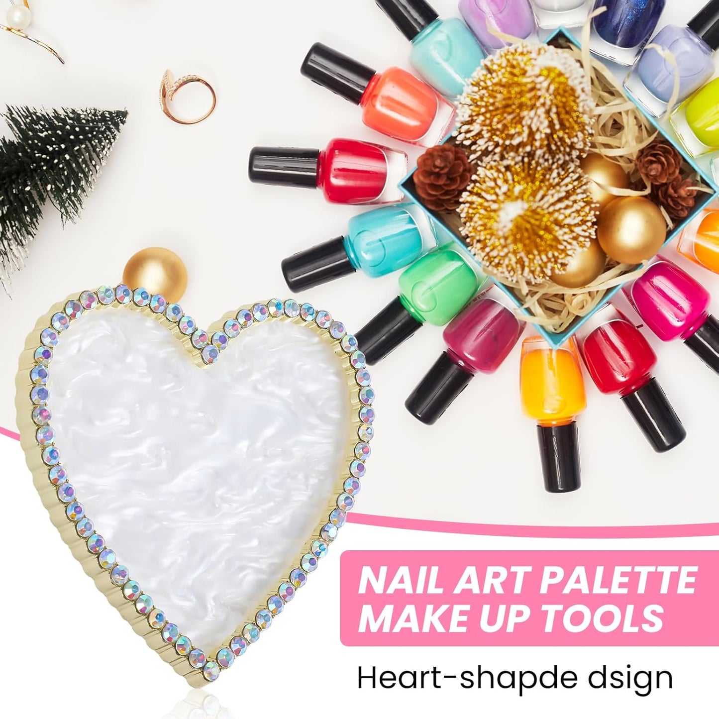 Sibba Resin Nail Art Palette, Golden Edge Nail Mixing Palette with Diamond, Polish Color Mixing Plate, Nail Holder Display Board, Heart Shape Cosmetic Mixing Tools for Women and Girls(White)