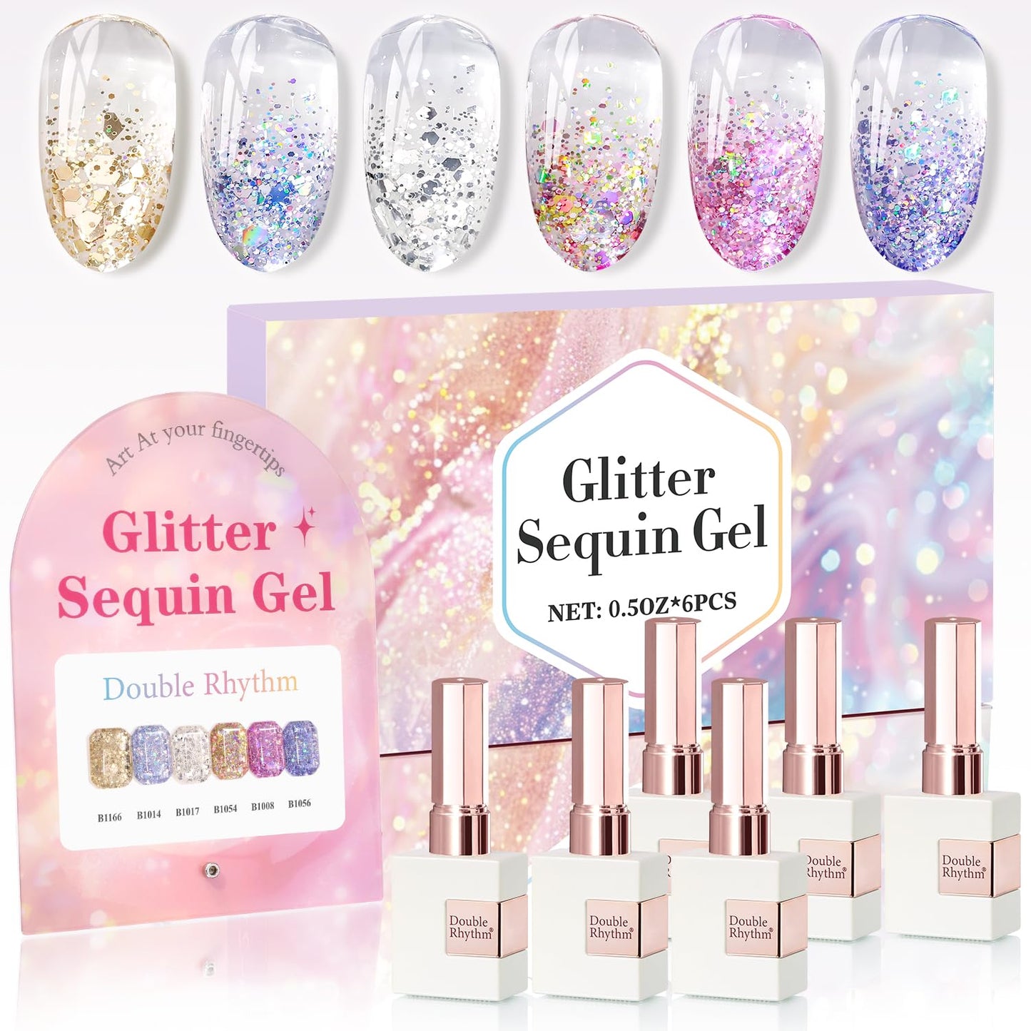 Double Rhythm 0.5 Oz Glitter Gel Polish Set of 6 Color with Display Board 15 ml Full Size Kit Shimmer Reflective Sparkle Soak Off Manicure Salon DIY at Home (Gold Blue Silver Purple Pink-T6-37)