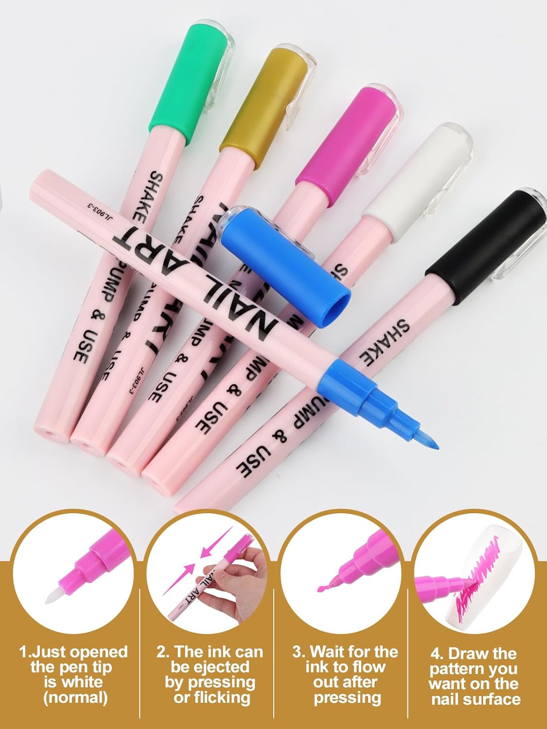 EBANKU Nail Art Pens Set, 6 Colors 0.7MM Nail Polish Pens Quick-Drying Nail Art Acrylic Paint Pen Point Dotting Liner Pen Nail Drawing Painting Manicure Tools for 3D Salon Home