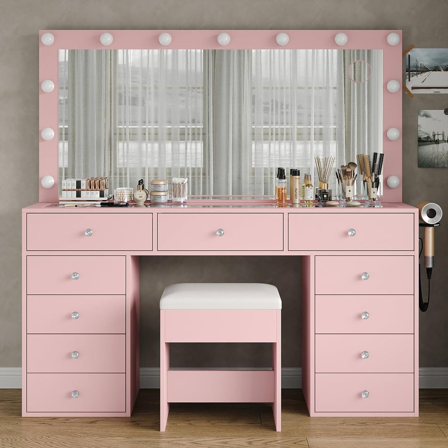 11 Drawers Makeup Vanity with Charging Station, Vanity Desk with 13 LED Bulbs and HD Mirror, 3 Color Brightness Adjustable, Glass Top Vanity Set for Bedroom, Pink