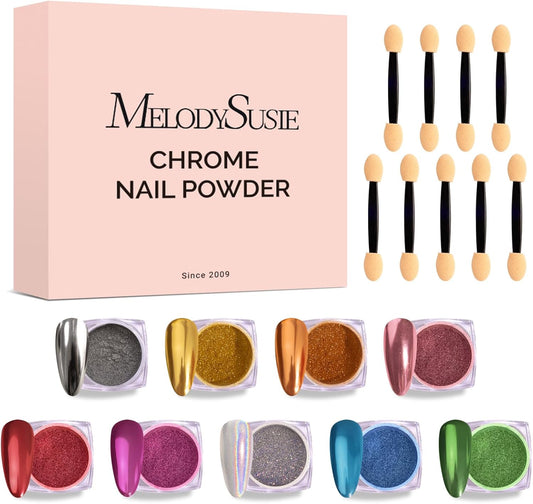 MelodySusie 9Pcs Chrome Nail Powder for Gel Nails,Metallic Mirror Effect Pigment Stylish and Technological Fine Glitter for Home DIY Salon Use
