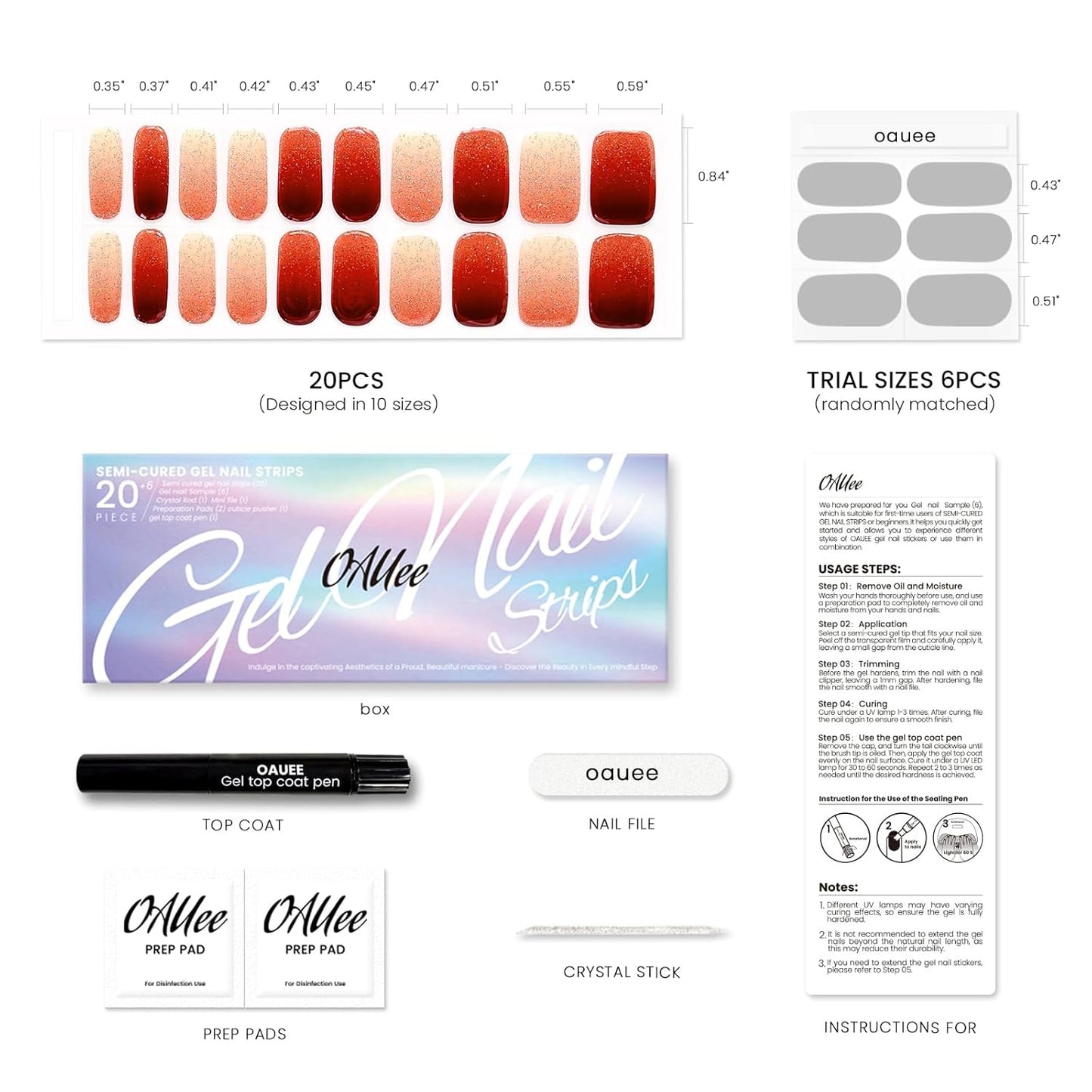 Semi Cured Gel Nail Strips | Built-In Gel Top Coat | UV Light Required | Salon Quality, Easy Application And Removal (Ruby Glitter Gradient)