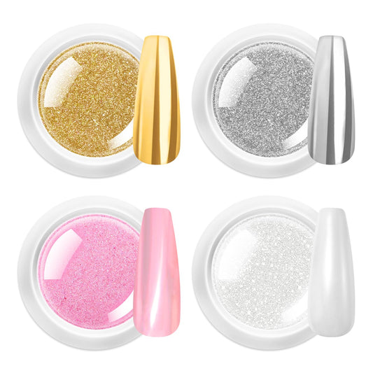 Gold Chrome Nail Powder 24K Mirror Effect BISHENGYF - Pink Gold Nail Chrome Powder Aurora Mermaid Mirror Effect Powder, White Pearl Iridescent Holographic Metallic Pigment Dust for Nail Art Decoration