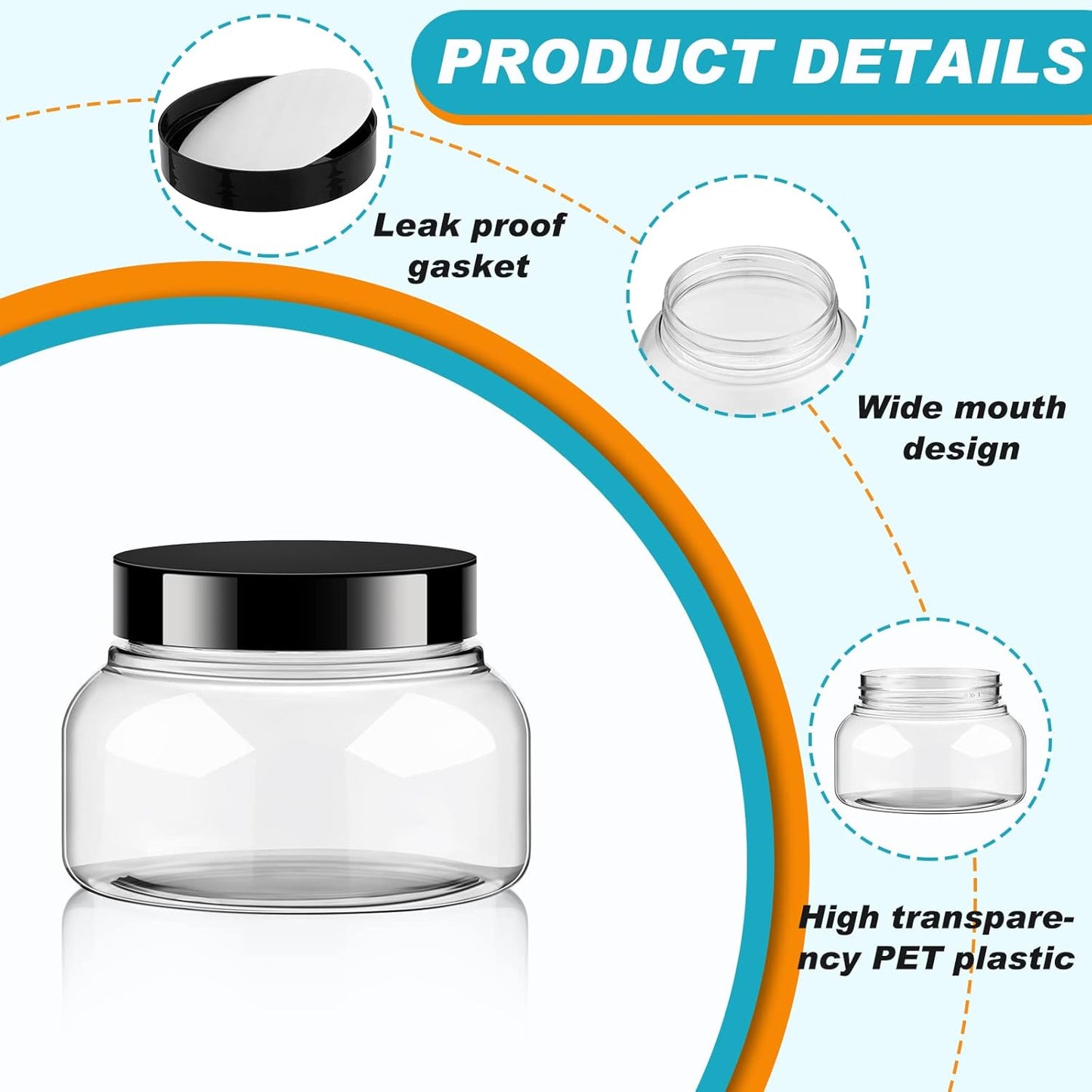 Tessco 24 Pack Plastic Jars with Lids Labels Empty Clear Plastic Jars Round Refillable Cosmetic Containers Body Butter Containers Bulk Sugar Scrub Bottle for Make Up (8 oz,Clear, Black)