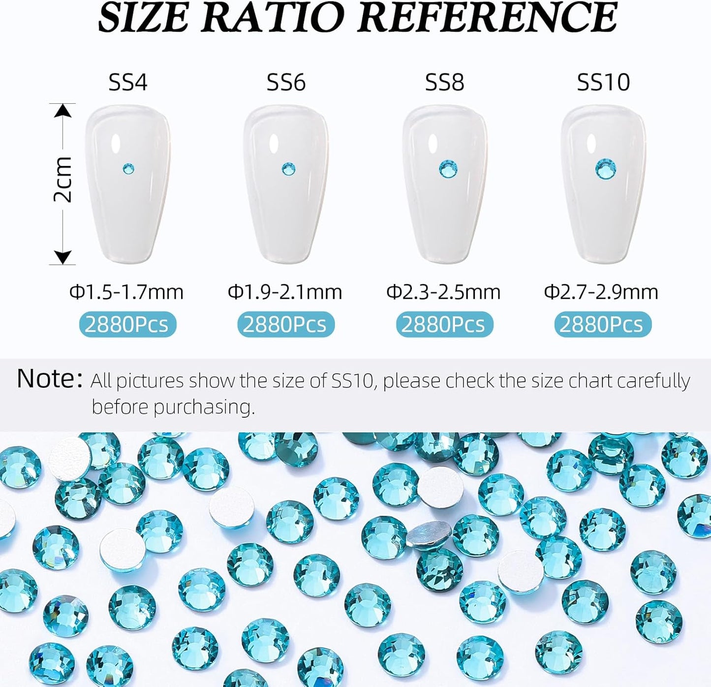 Aquamarine Flatback Rhinestones, Glass Rhinestones for Nail Art and Craft, Glue Fix, Loose Crystal Gemstones(Aquamarine, SS6, 2880pcs, 1.9-2.0mm)
