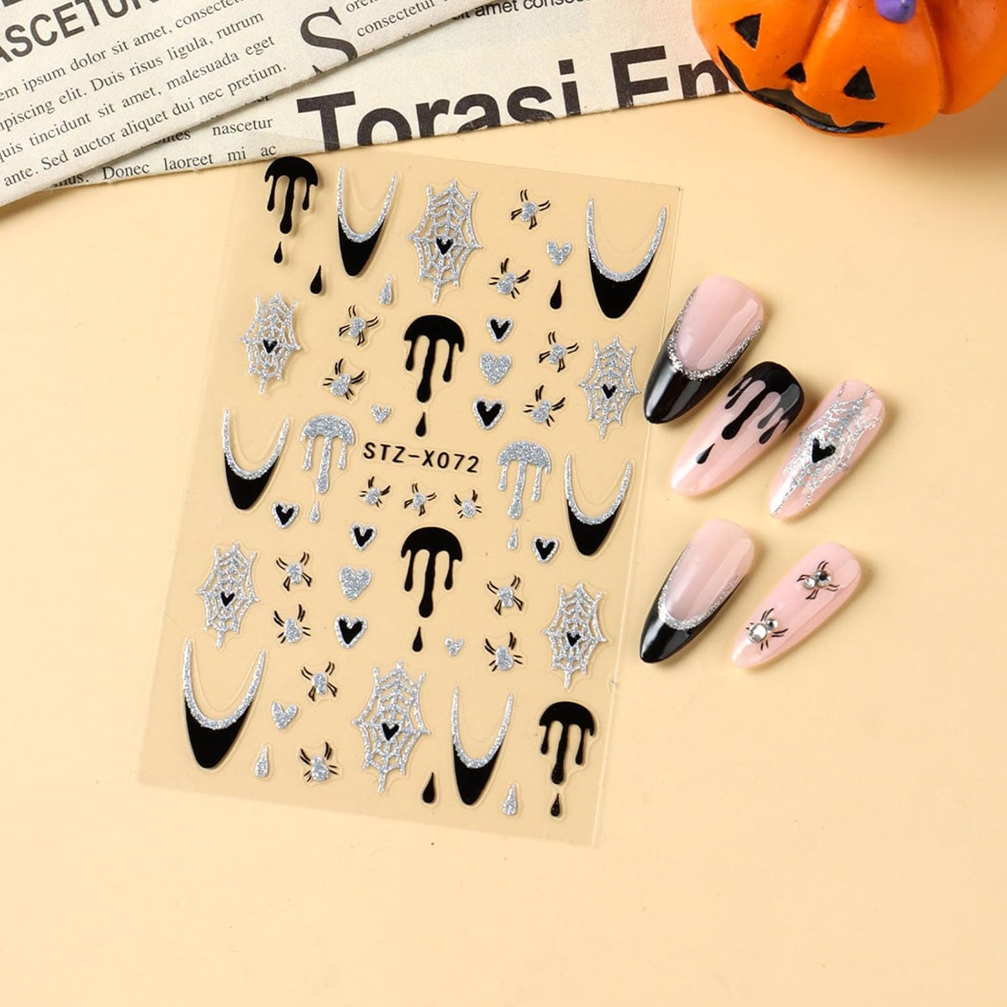 6 Sheets Halloween Nail Art Stickers Cute Ghost Nail Decals Black White Spider Web Bat Stars Moon Design Gothic Nail Art Supplies for Holiday Acrylic DIY Nail Decoration