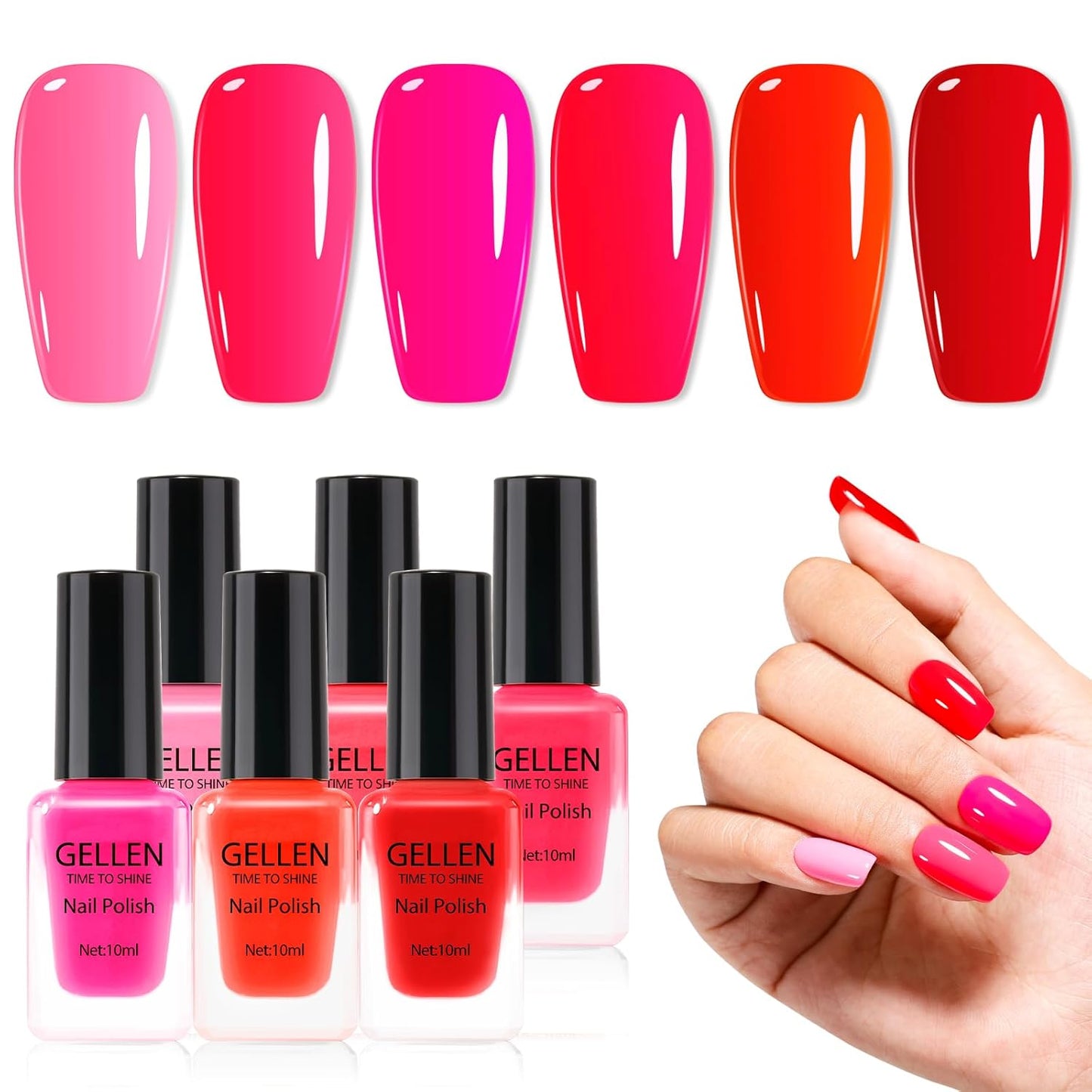 GELLEN Red Pink Nail Polish, Quick Air Dry Natural Traditional Regular Nail Polish Bright Red Hot Pink Set for Acrylic Natural Nails Home Salon, Non UV Gel, Chip Resistant, Hema Free, Non-toxic, 10ml