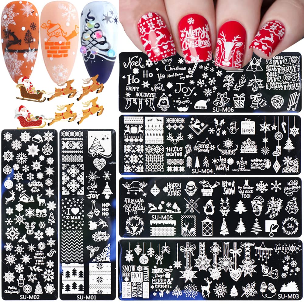 Christmas Nail Stamping Plates, 6Pcs Christmas Nail Stamper Kit Snowflakes Elk Xmas Tree Bell Snowman Winter Nail Art Stencils Plates Nail Manicure Template Design Tool