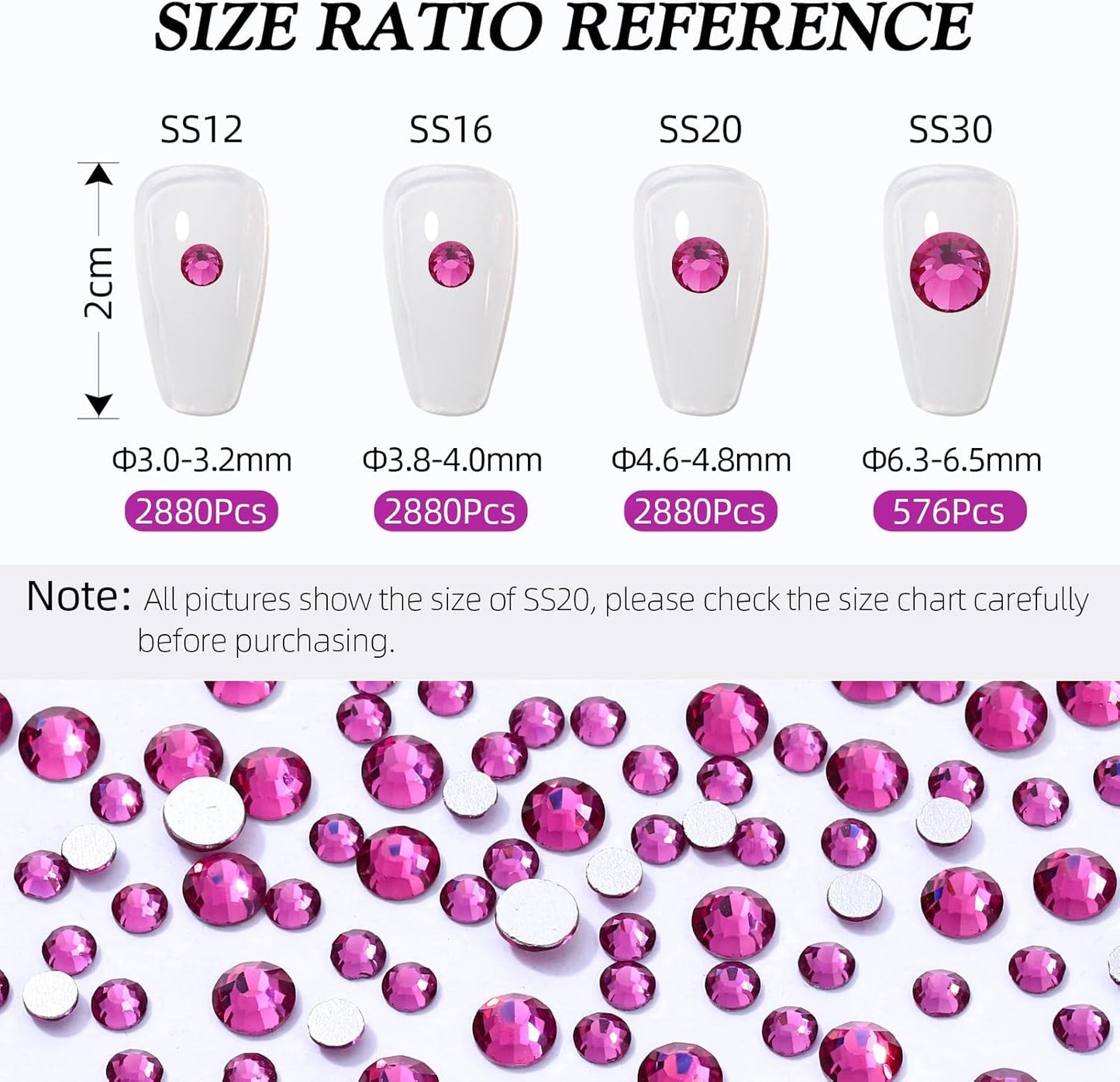 Fuchsia Flatback Rhinestones, Glass Rhinestones for Nail Art and Craft, Glue Fix, Loose Crystal Gemstones(Fuchsia, SS20, 2880pcs, 4.6-4.8mm)