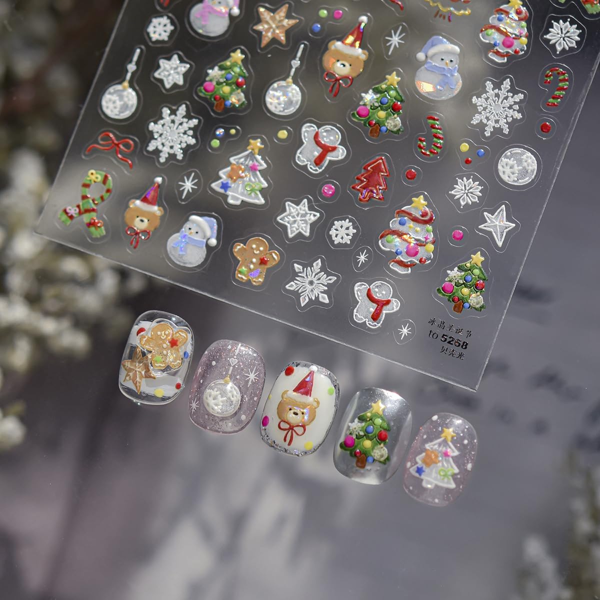 Christmas Nail Art Stickers 5D Ombre Embossed Cute Snowman Nail Stickers Xmas Little Bear Xmas Tree Snowflake Candy Cane Nail Decals for Women Girls Winter Holiday Manicure DIY Nail Supplies 1Sheet