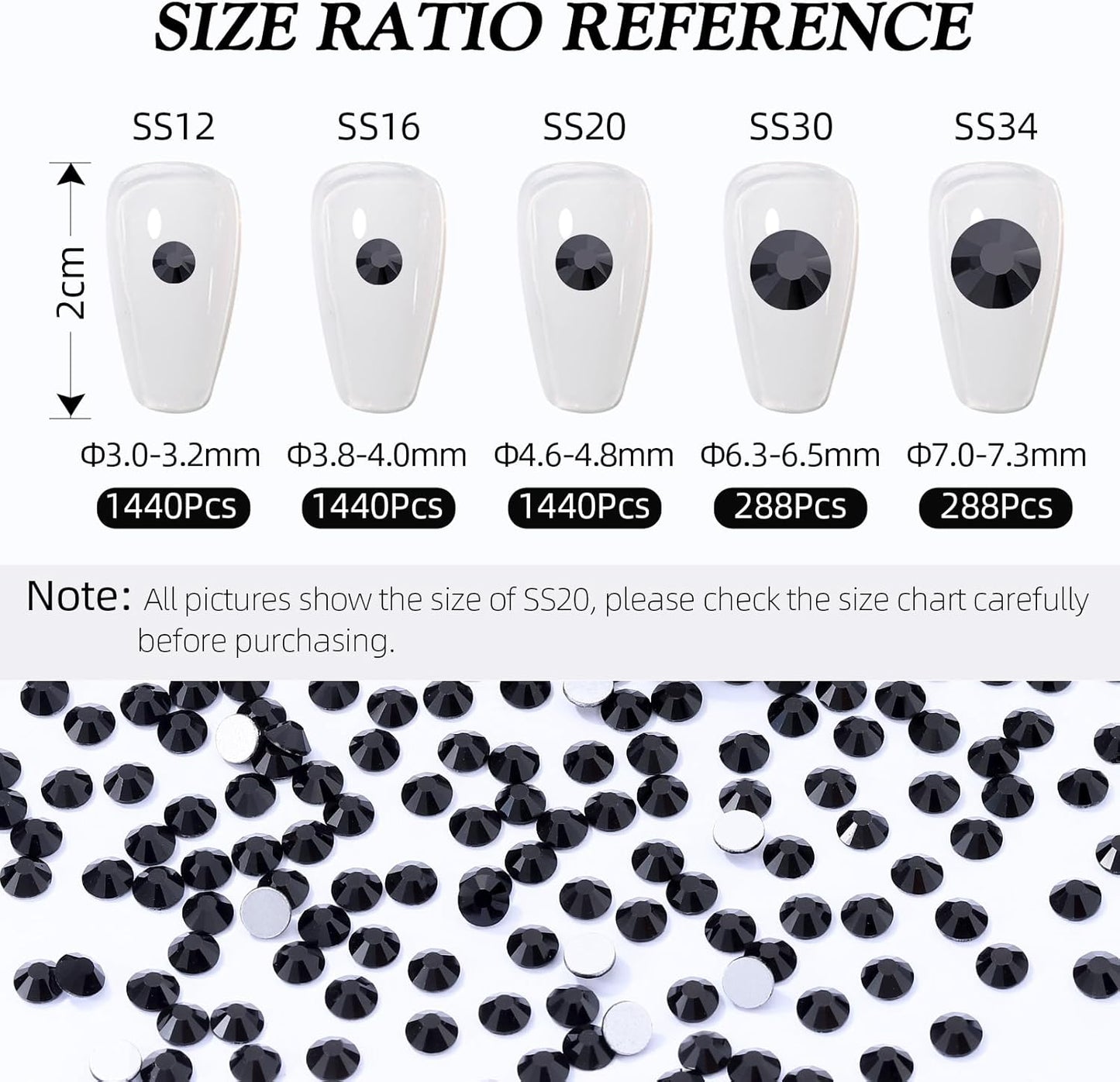 Black Flatback Rhinestones, Glass Rhinestones for Nail Art and Craft, Glue Fix, Loose Crystal Gemstones(Black, SS30, 288pcs, 6.4-6.6mm)