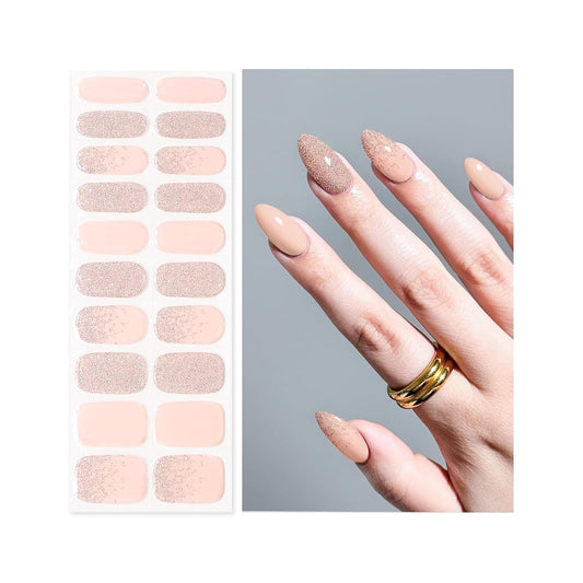 Semi Cured Gel Nail Strips | Built-In Gel Top Coat | UV Light Required | Salon Quality, Easy Application And Removal (Pink Sparkle)