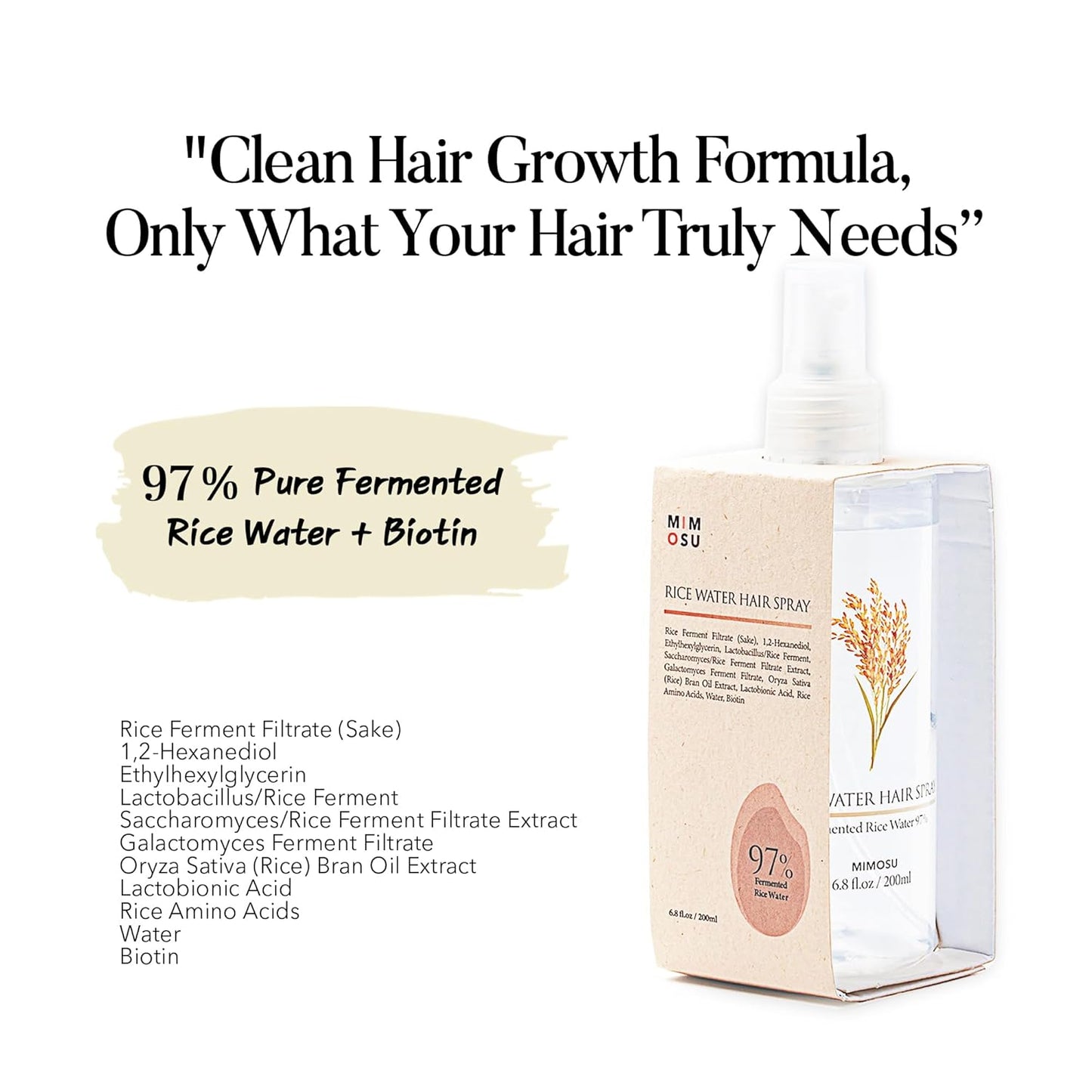 mimosu 97% Rice Water Hair Growth Spray - Fermented Rice Water & Biotin Serum, PHA Toner, Korean hair care Formula, 6.8fl.oz