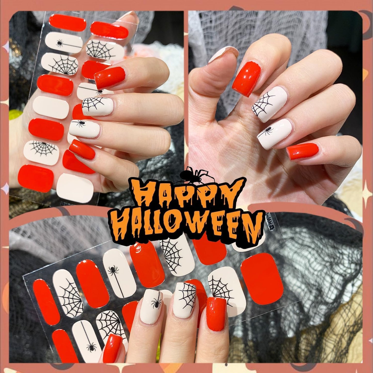 6 Sheets Spider Web Nail Polish Strips Full Wraps Halloween Gel Nail Stickers for Nail Art Self-Adhesive Ghost Spider Black Cat Nail Polish Stickers Pumpkin Bat Gel Nail Strips for Women