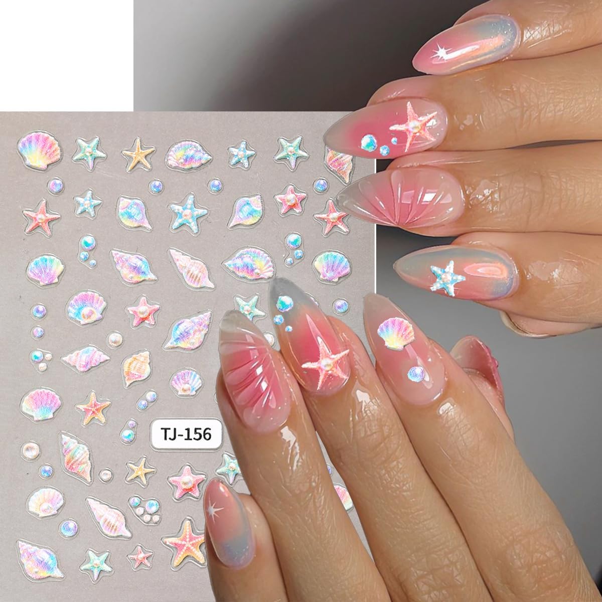 Shell Nail Stickers Jellyfish Nail Decals Starfish Nail Stickers for Nails Art Rainbow Conch Corals Design Summer Colorful Nails Art Sticker for Women Decoration Manicure Supplies 2 Sheet