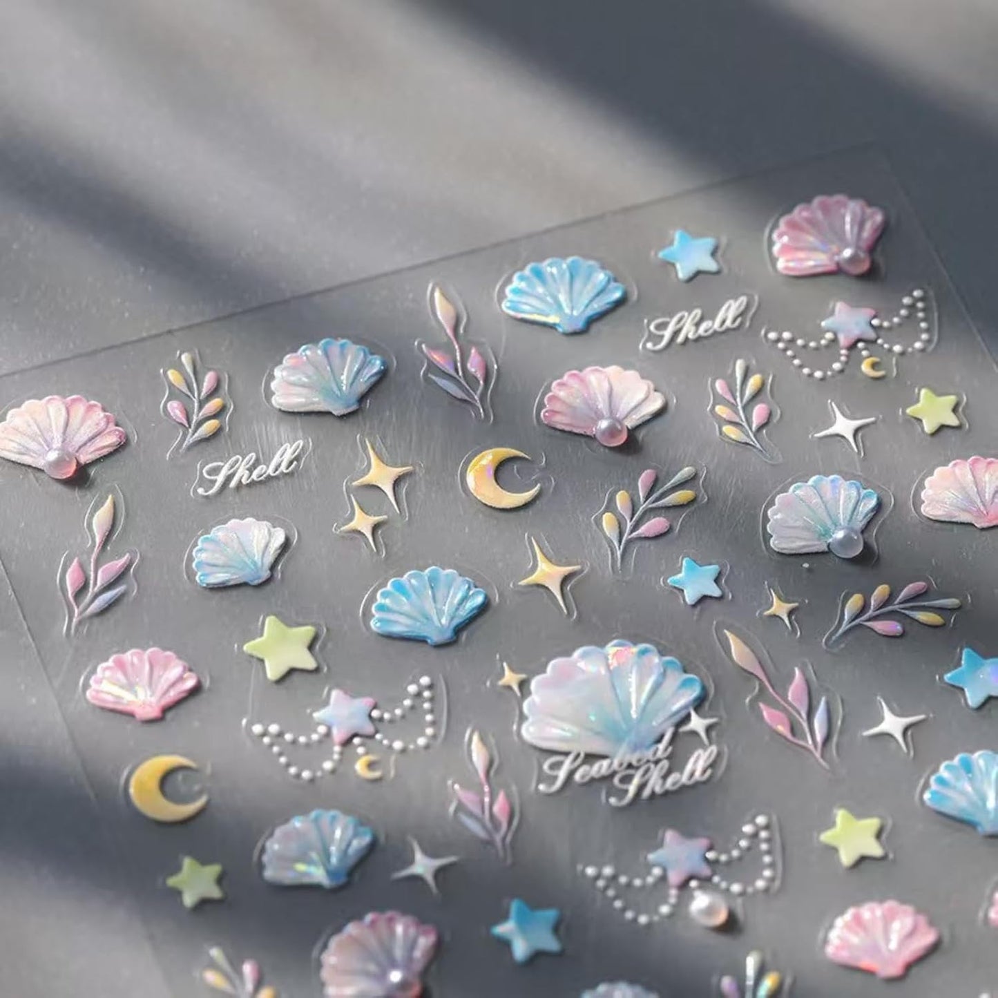 Sea Shells Nail Art Stickers Blue Pink Nail Decals Self Adhesive 5D Embossed Nail Sticker Pearl Design for Women Girls Supplies Summer Nails Decorations Accessories