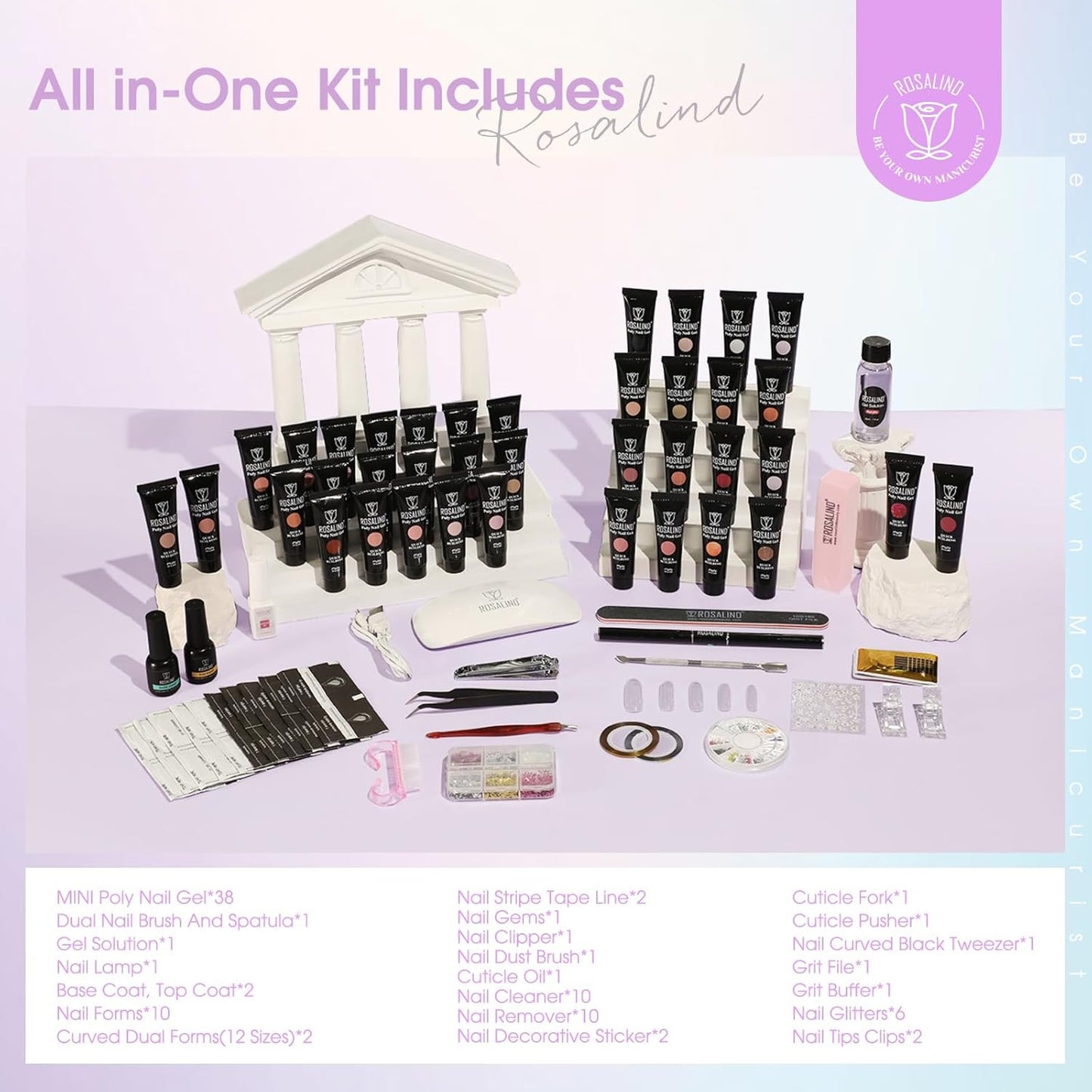 ROSALIND Poly Nail Gel Kit -38 Classic Colors +72 Nail Art Accessories kit Clear Nude Poly Nails Gel Kit Starter Kit with Mini UV Lamp Slip Solution Basic Tools for Beginners with Everything