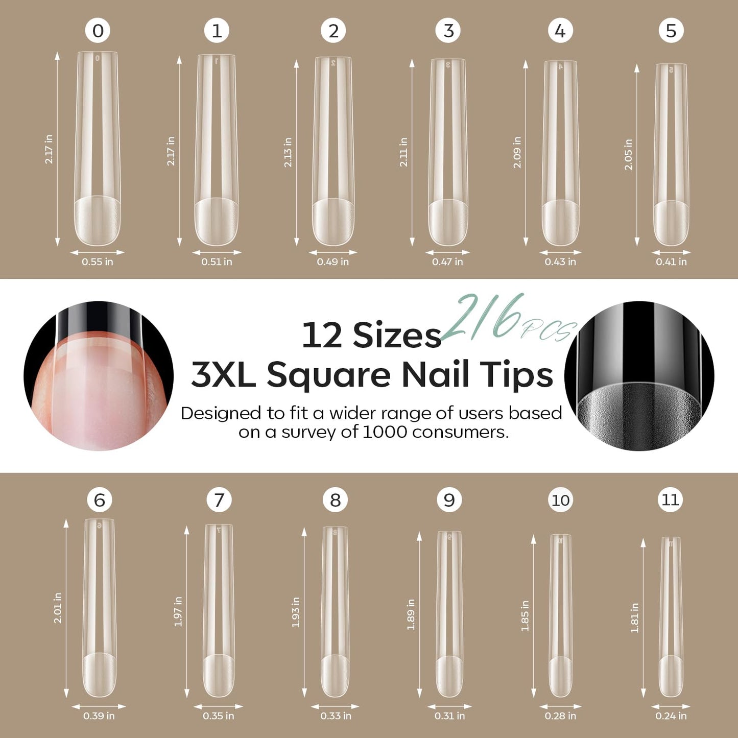 modelones Long Square Nail Tips, 3XXXL Straight Pre-shaped Soft Gel Tips Fake Nails False Acrylic Clear Full Cover Press on Extension Kit Gel Manicure DIY at Home 216PCS 12Sizes