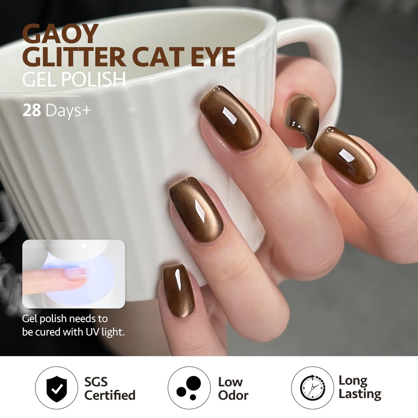 GAOY Jelly Brown Cat Eye Gel Nail Polish Set with Magnet for Glitter Holographic Cat Eye, Salon UV Gel Manicure and Nail Art DIY at Home, Sparkling Amber