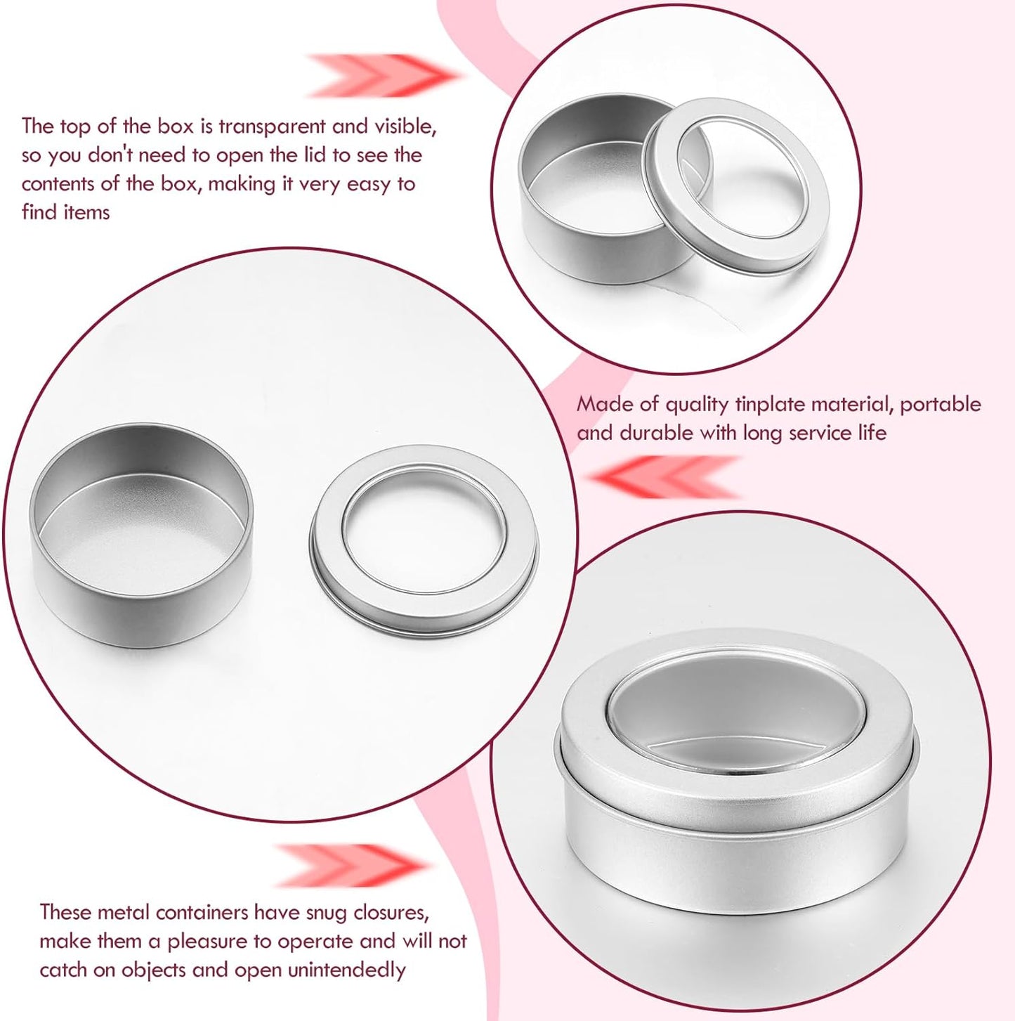 TecUnite 48 Pack 2 Ounce Metal Tin Cans Round Empty Container Salve Tins with Clear Lid for Kitchen, Office, Candles, Candies