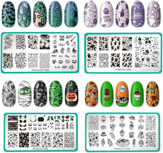 Maniology Creepy Cute Nail Stamping Plate Set, Halloween Plates Bundle (Fright Night (M032), Ghosted (M056), Bad to The Bone (M158), Halloween Treats (M248))