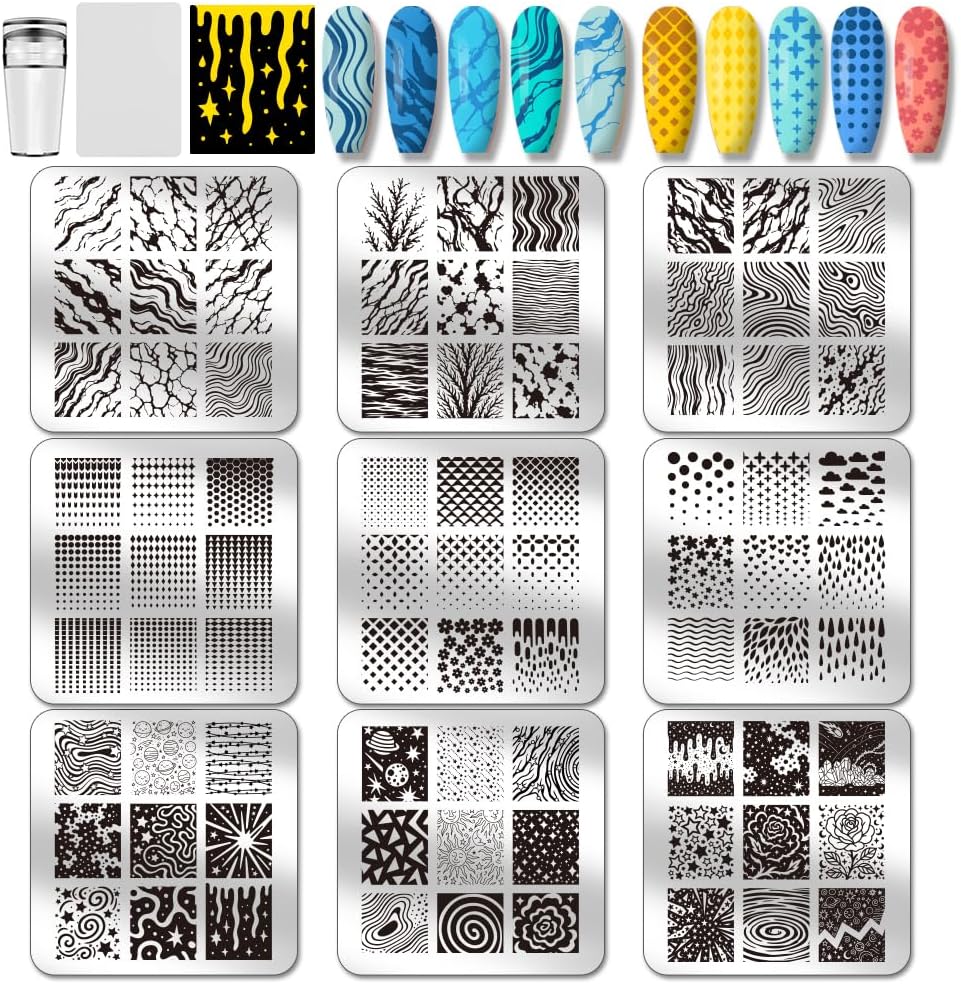 PH PandaHall 9pcs Marble Texture Nail Stamping Plates Line Graffiti Nail Art Designs Gradient Pattern Manicure Art Templates with Stamper and Scraper for Women DIY Manicures Salon Printing