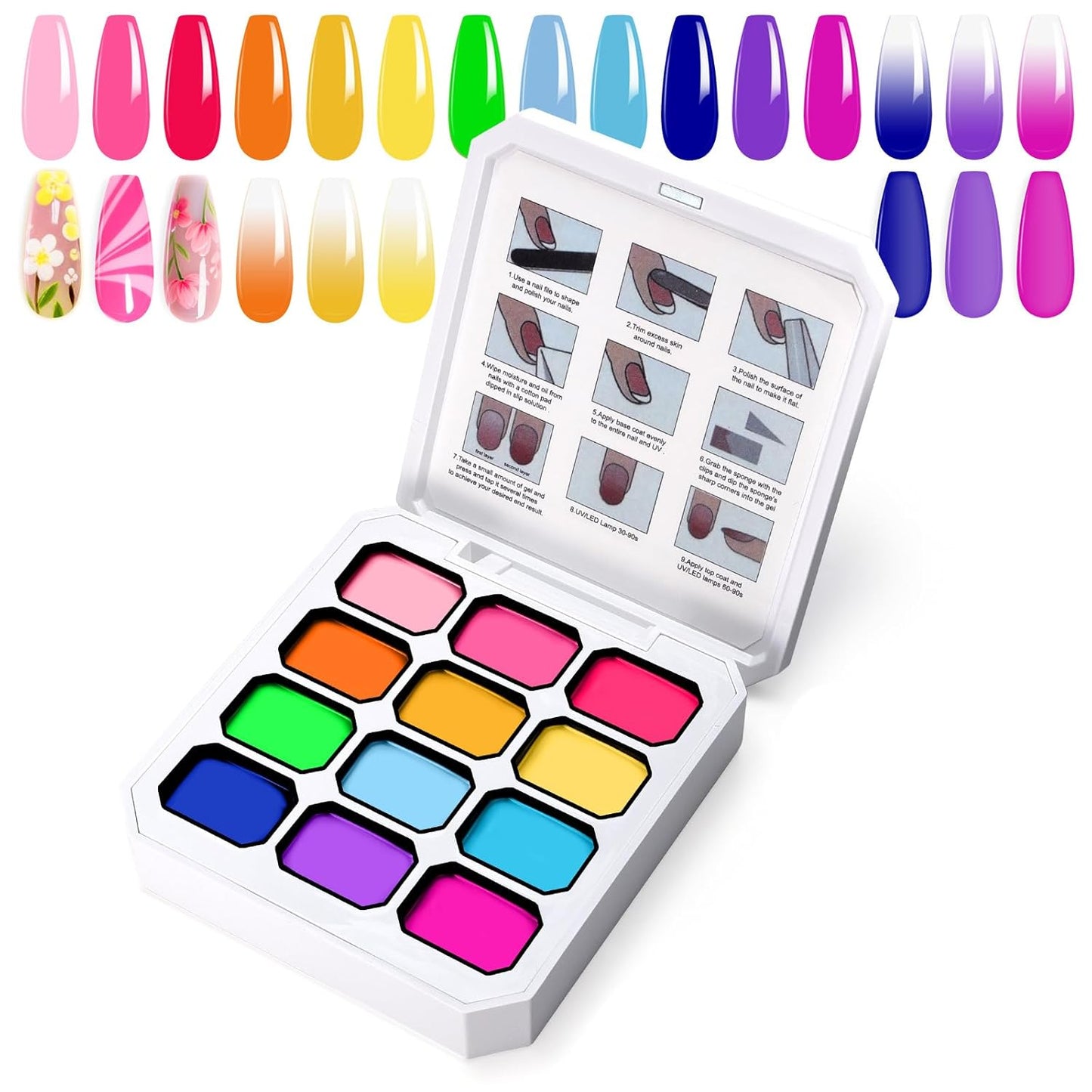 Gradient Painting Gel, 12 Bright Colors Ombre Gel Nail Polish for Pigment Pat Aura Nails, French Manicure DIY Nail Art Long-lasting No-wipe Palette Mojito Sunrise Canvas