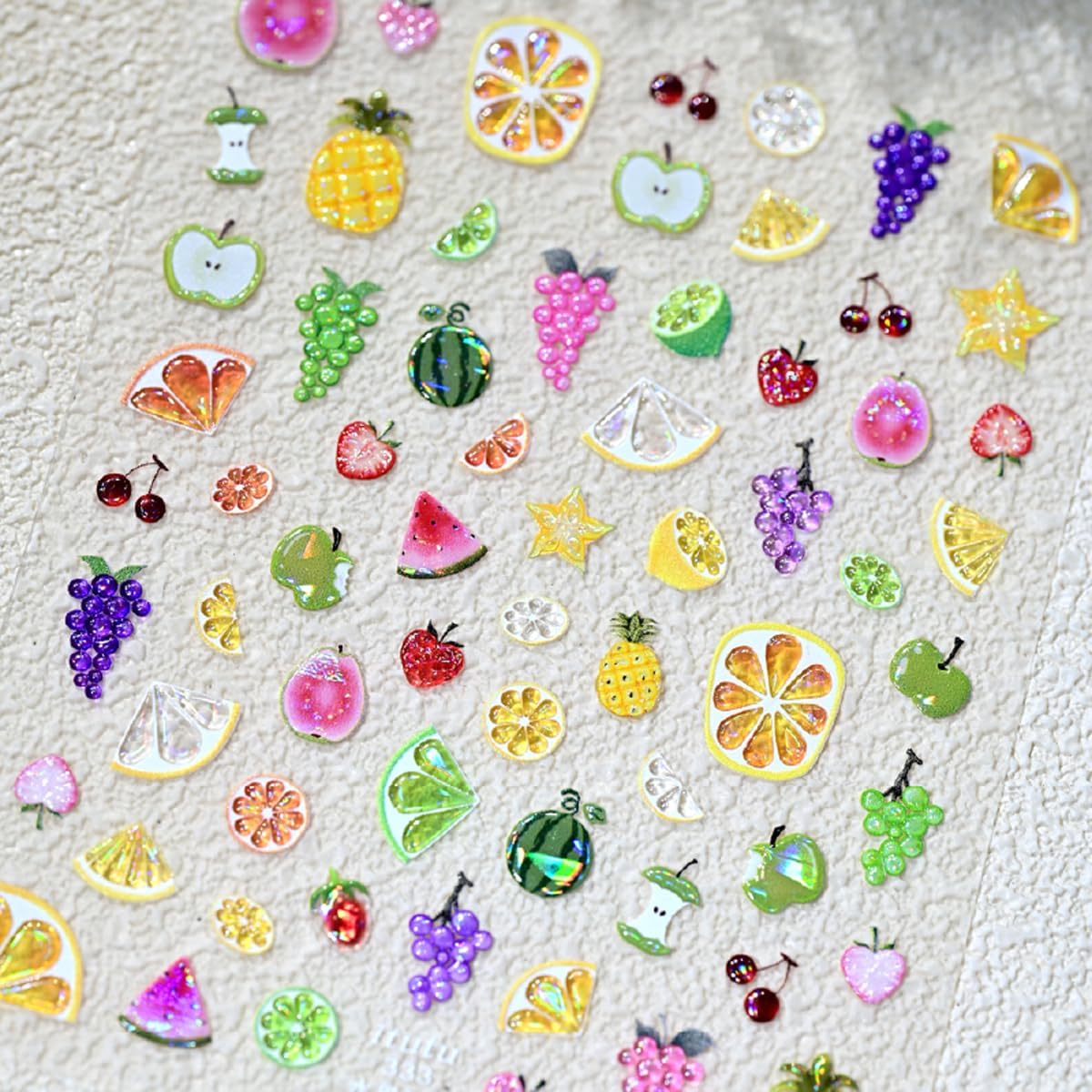 Summer Fruit Nail Stickers for Nail Art Iridescent Shimmer Nail Decals,Lemon Strawberry Grape Watermelon Stickers for Nails Designs 3D Self Adhesive Nail Supplies & Decorations for Women Girls 1 Sheet
