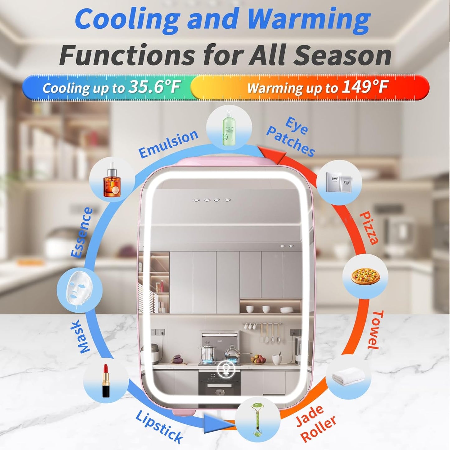 YASHE Skincare Fridge Mini Fridge for Bedroom with Dimmable LED Mirror, 4Liter/6 Cans Cooler and Warmer for Makeup, Cosmetic, Beauty, Portable Refrigerator for Bedroom, Vanity, Office and Car- Pink