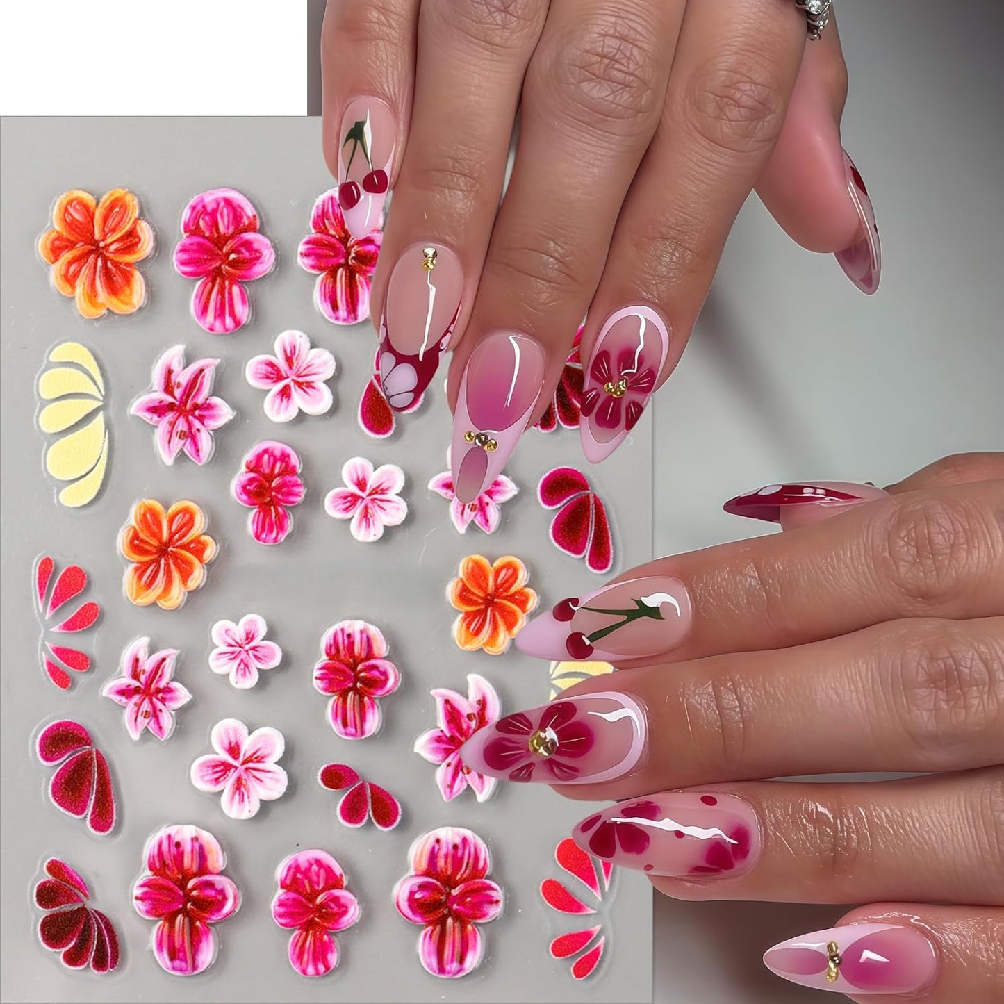 3Sheets 5D Embossed Flowers Nail Art Stickers Self-Adhesive Pink Red Flower Nail Decals Floral French Tips Nail Design Spring Summer Lily Hibiscus Nail Art Supplies for Women Manicure Decorations