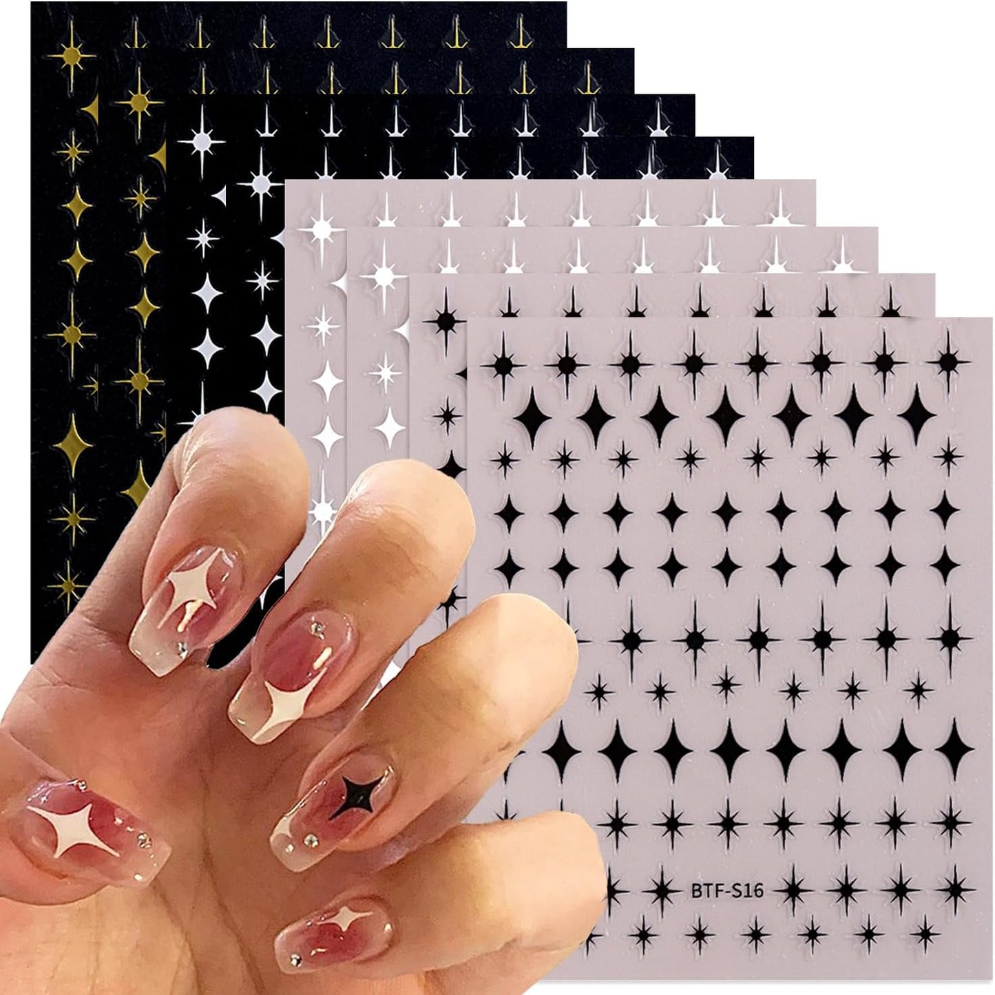 8Sheets Star Nail Stickers 3D Self Adhesive Nail Art Stickers Sparkle Nail Decals Gold Silver Gold White Mixed Shaped Star Design Cute Nail Sticker for Nail Art Women DIY Acrylic Manicure Decoration