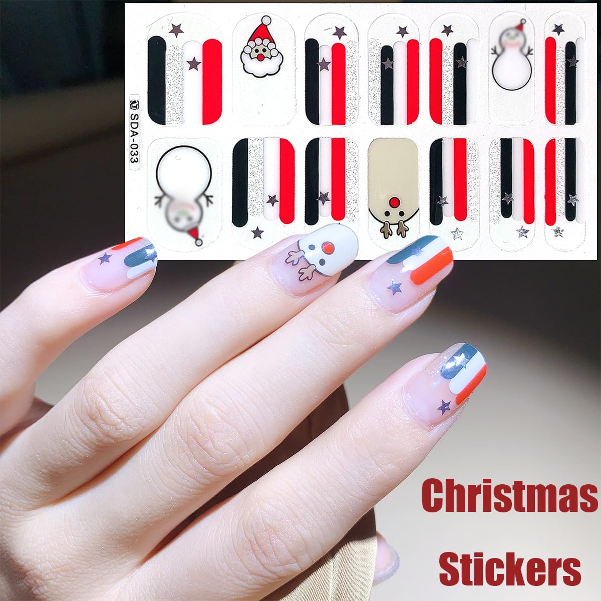 6Sheets Christmas Nail Wraps 3D Snowman Polish Strips Self-Adhesive Winter Gel Stickers Santa Claus Xmas Bell Reindeer Design for Nails Decorations