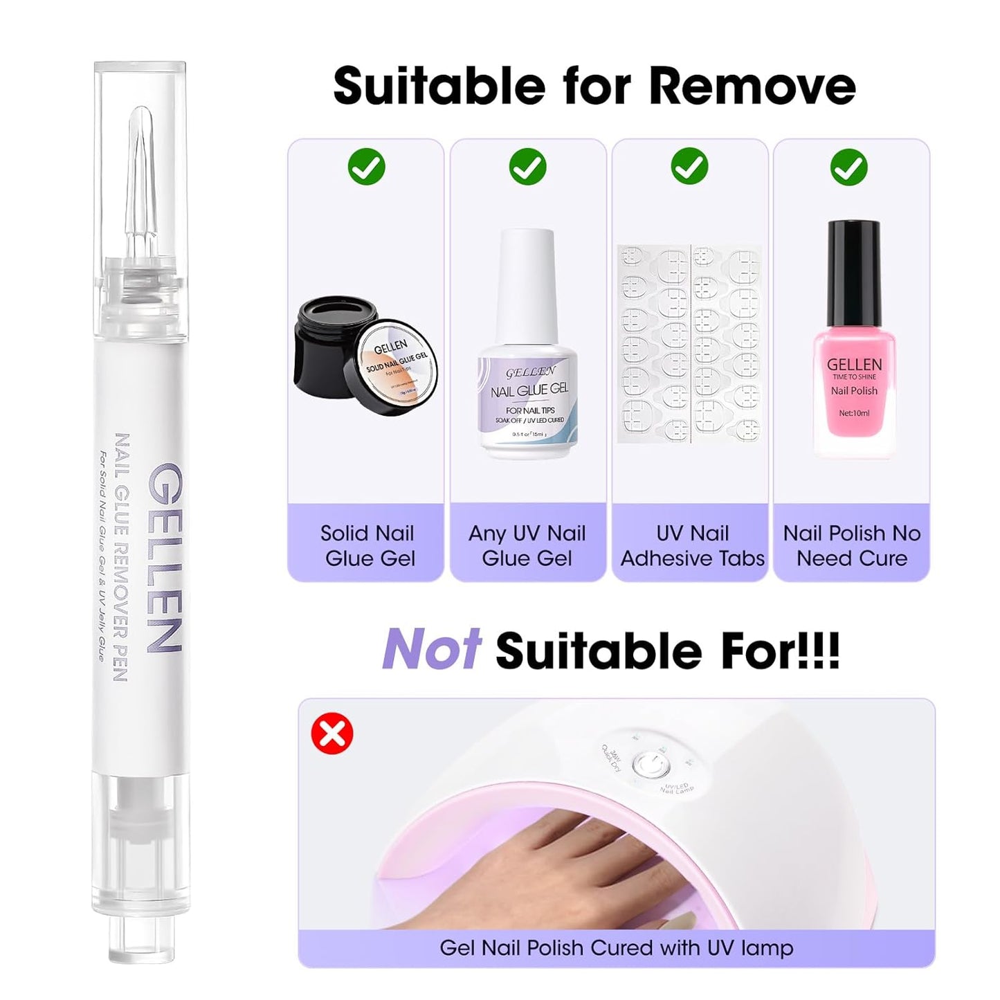 Gellen Nail Glue Remover, 2 Pcs Upgraded Glue Remover Pen for Press on Nails, Non Acetone Press on Removal, 10s Quick Remove for Nail Tips Fake Nails Solid Glue Gel