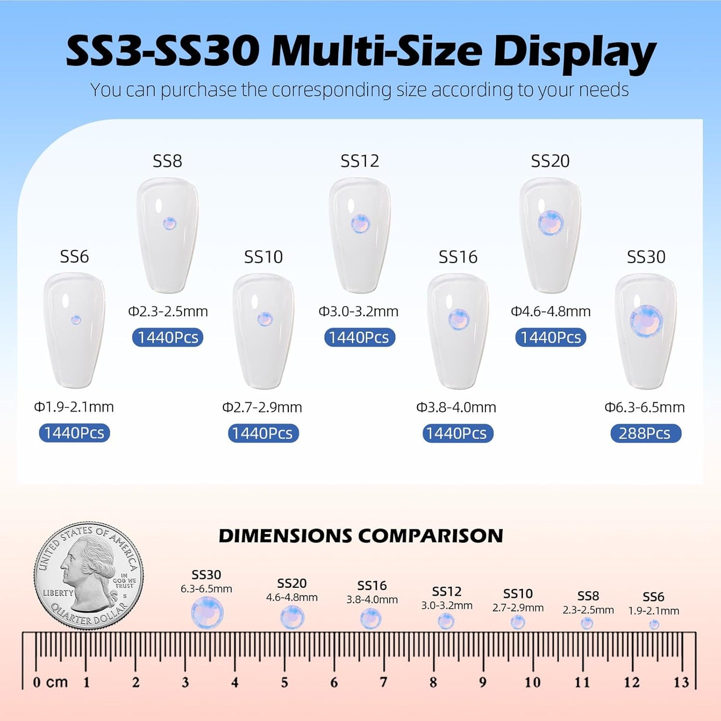 F Light Blue Flatback Rhinestones, Glass Rhinestones for Nail Art and Craft, Glue Fix, Loose Crystal Gemstones(F Light Blue, SS30, 288pcs, 6.4-6.6mm)