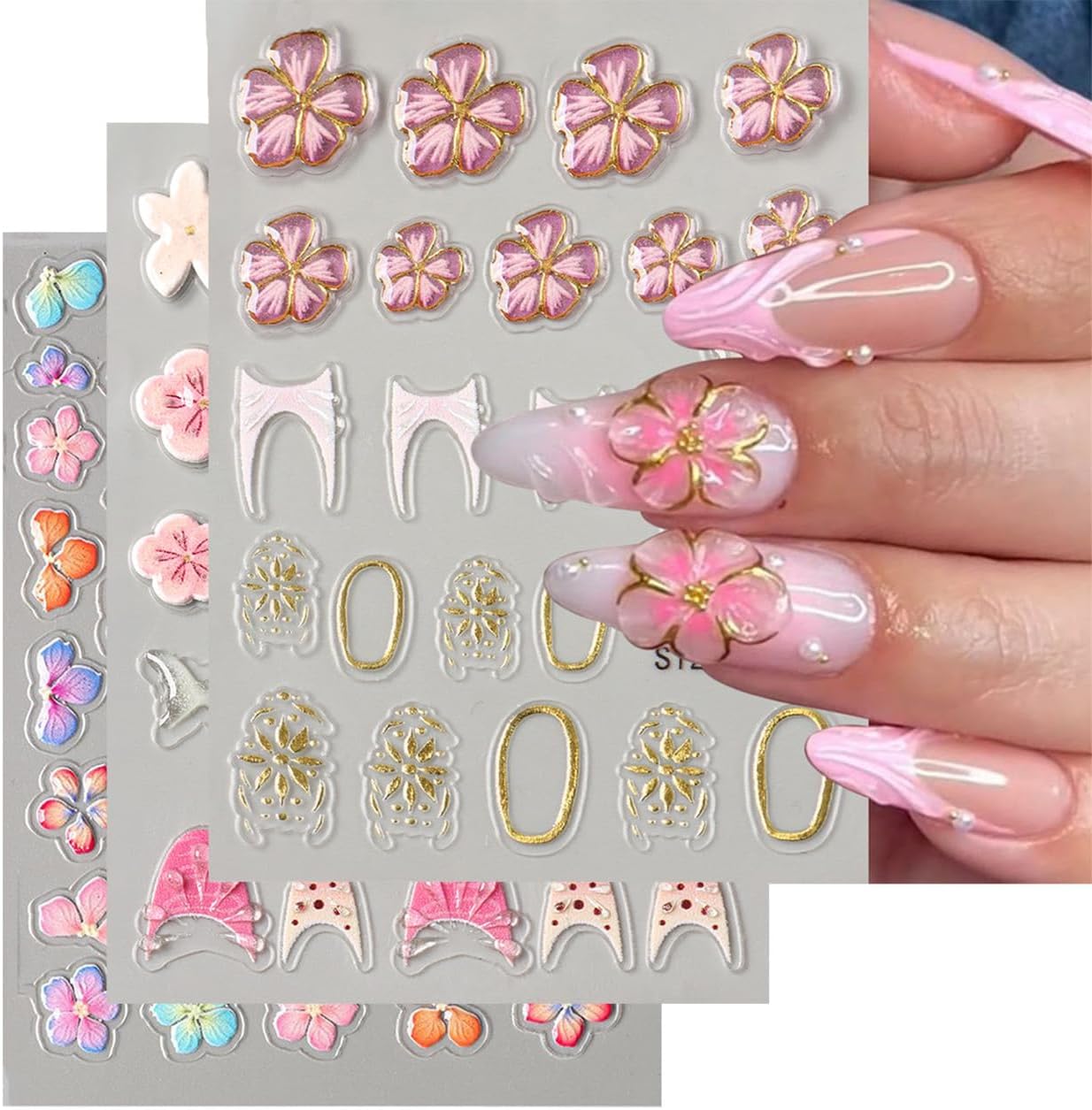 Stickers para Uñas Nail Stickers Self-Adhesive Sticker Gold Pink 3D Flower Embossed Calcomanías para Uñas Colorful Floral Art Design Accessories Hight Quality 3 Sheets