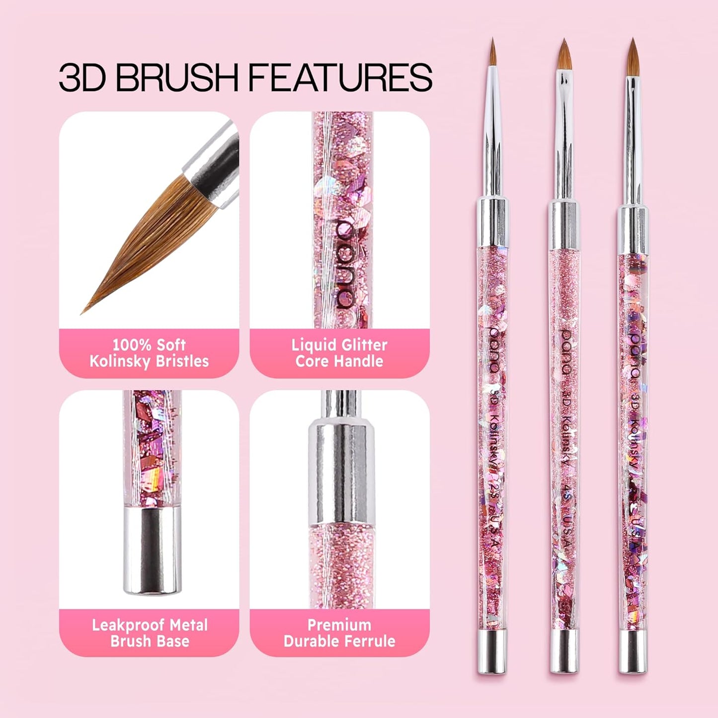 PANA 3D Kolinsky Nail Art Brush - Pink Glitter Handle, Size 5 - Acrylic Nail Art Sculpture Brush for Manicures Pedicure Salon Professional or Beginner